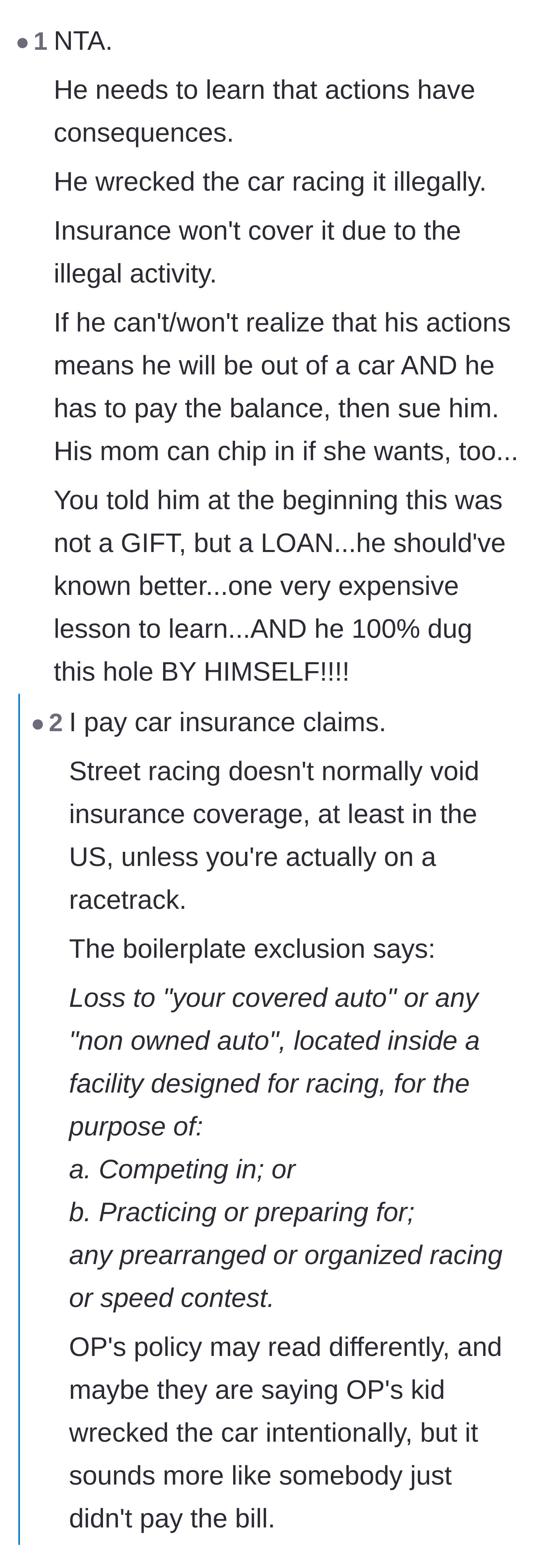 Comment thread 3 - A debate on accountability and the technicalities of insurance policy exclusions for street racing.