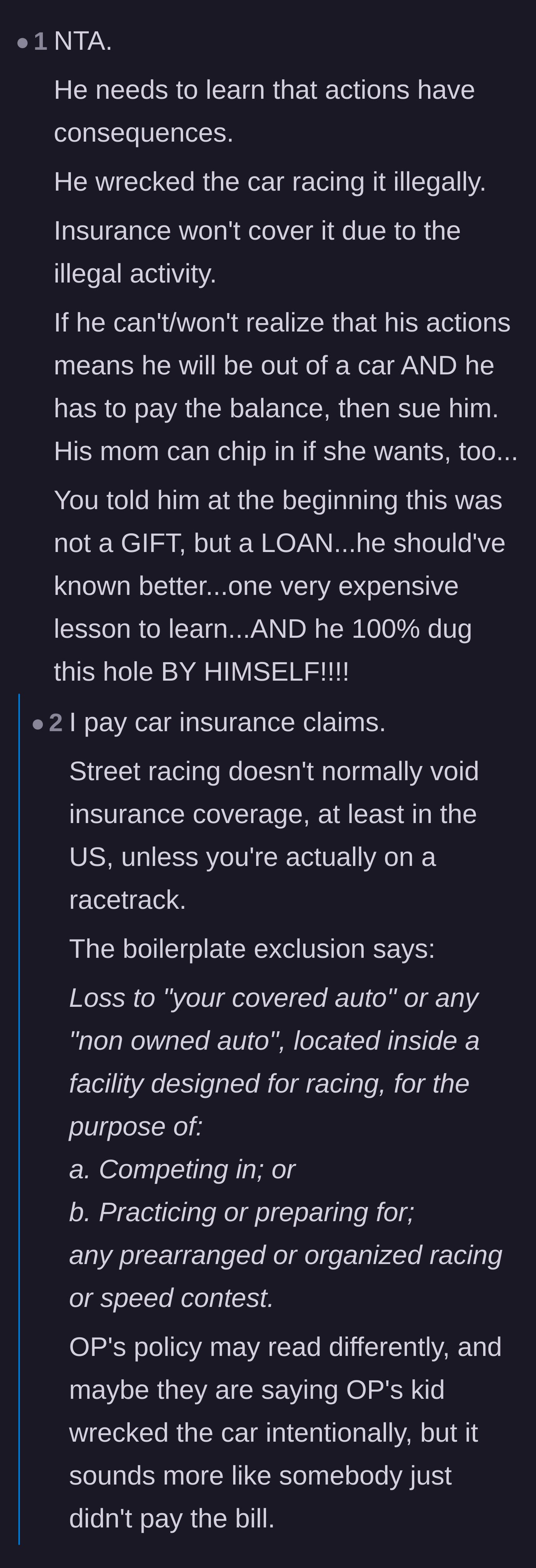 Comment thread 3 - A debate on accountability and the technicalities of insurance policy exclusions for street racing.