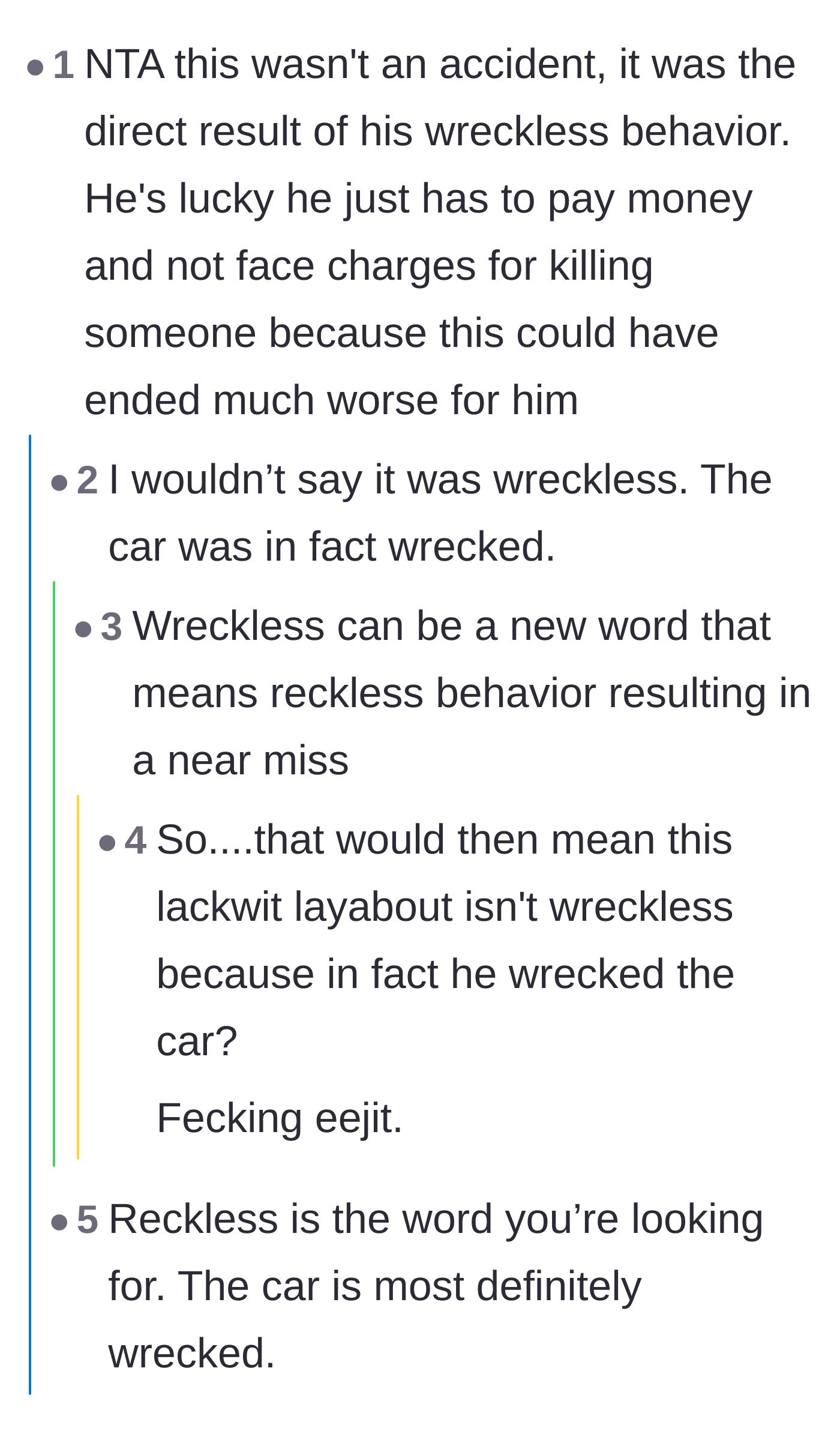 Comment thread 4 - Commenters poke fun at the grammatical difference between reckless driving and a 'wreckless' outcome.
