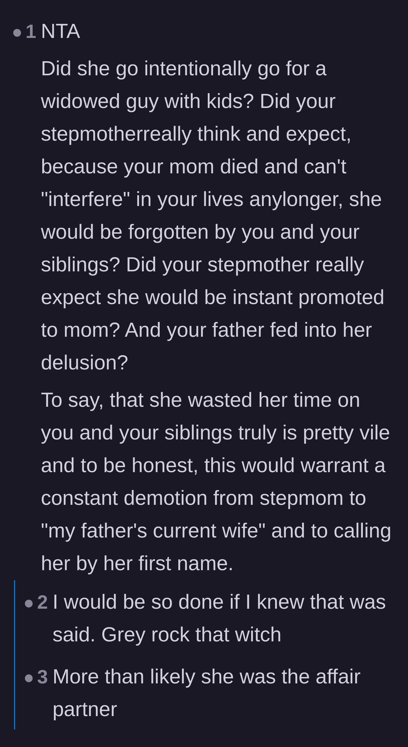 Comment thread 3 - Commenters questioning the stepmother's motives for marrying a widower and reacting with absolute disgust to her claim that she wasted her time raising them.