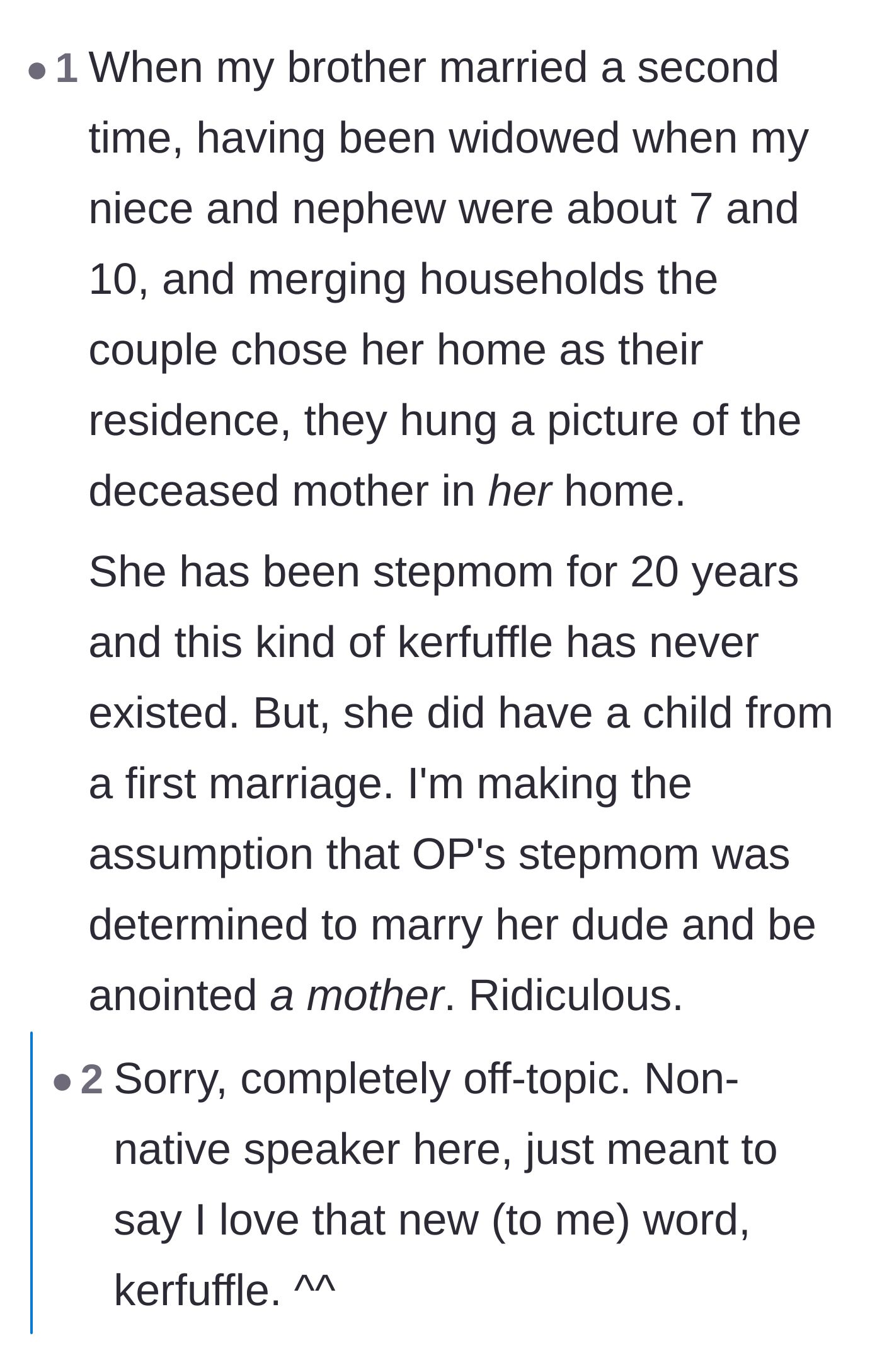 Comment thread 5 - A commenter sharing a wholesome story about a secure stepmother who confidently hung a picture of her stepchildren's late mother in their home.