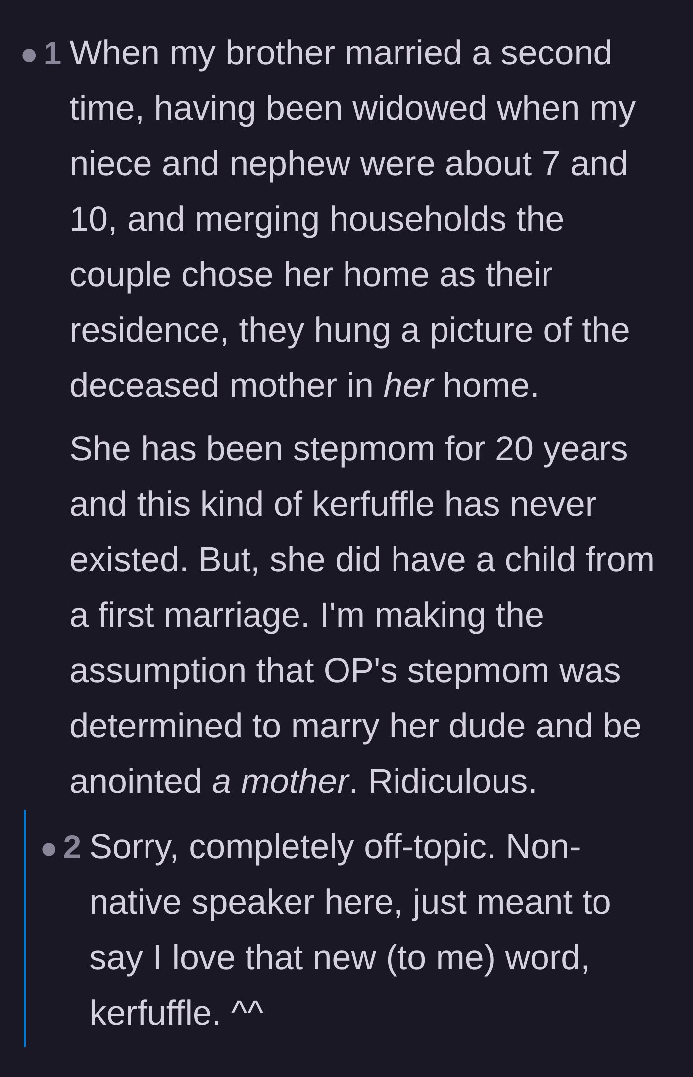 Comment thread 5 - A commenter sharing a wholesome story about a secure stepmother who confidently hung a picture of her stepchildren's late mother in their home.