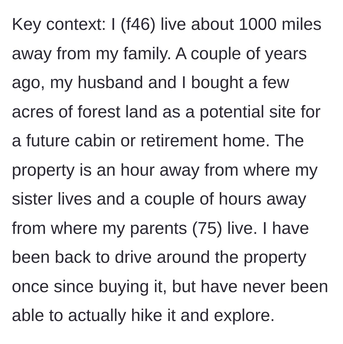 Story part 1 - A map showing the long distance between the woman's current home and her new forest property near her family.