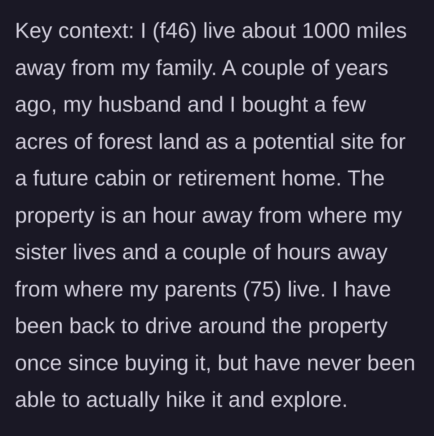 Story part 1 - A map showing the long distance between the woman's current home and her new forest property near her family.