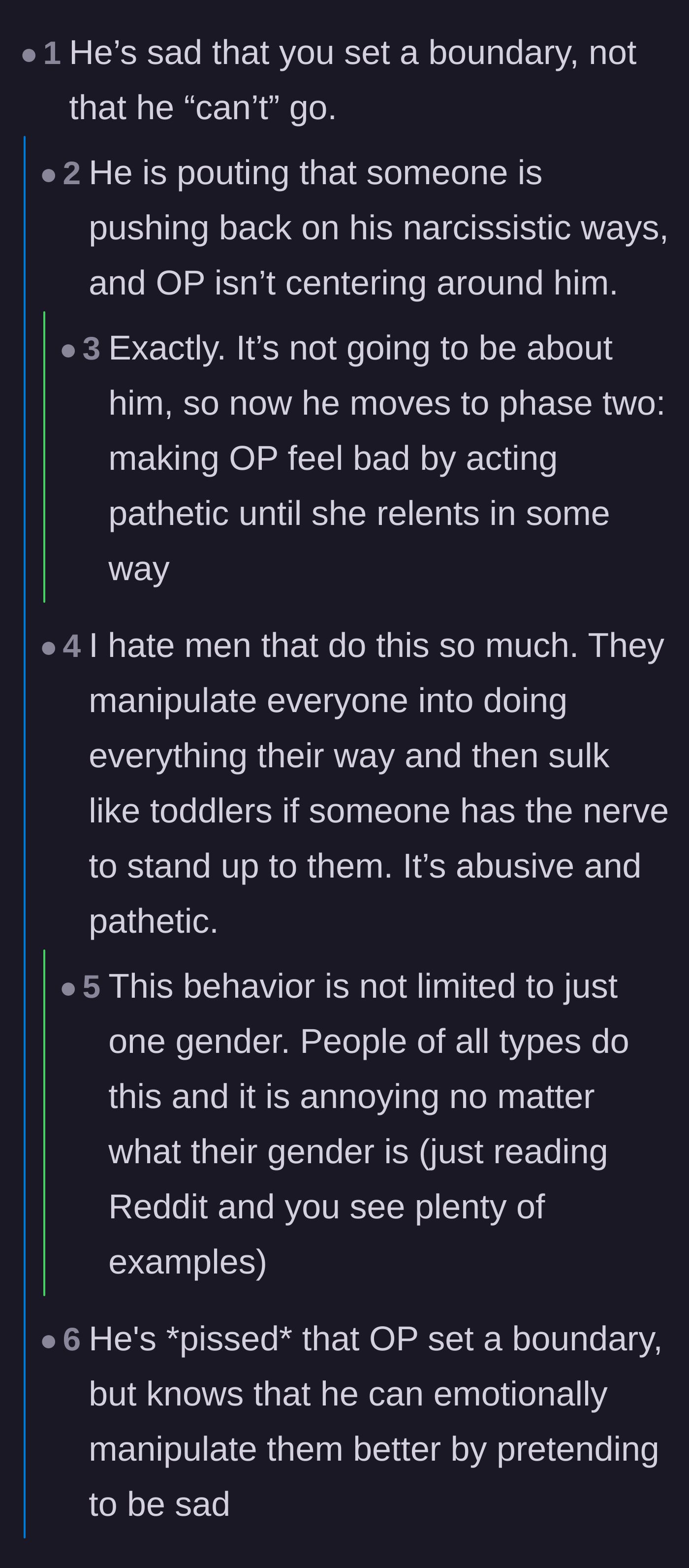 Comment thread 1 - Readers discussing how the father is upset about the boundary itself and labeling his behavior as emotional manipulation.