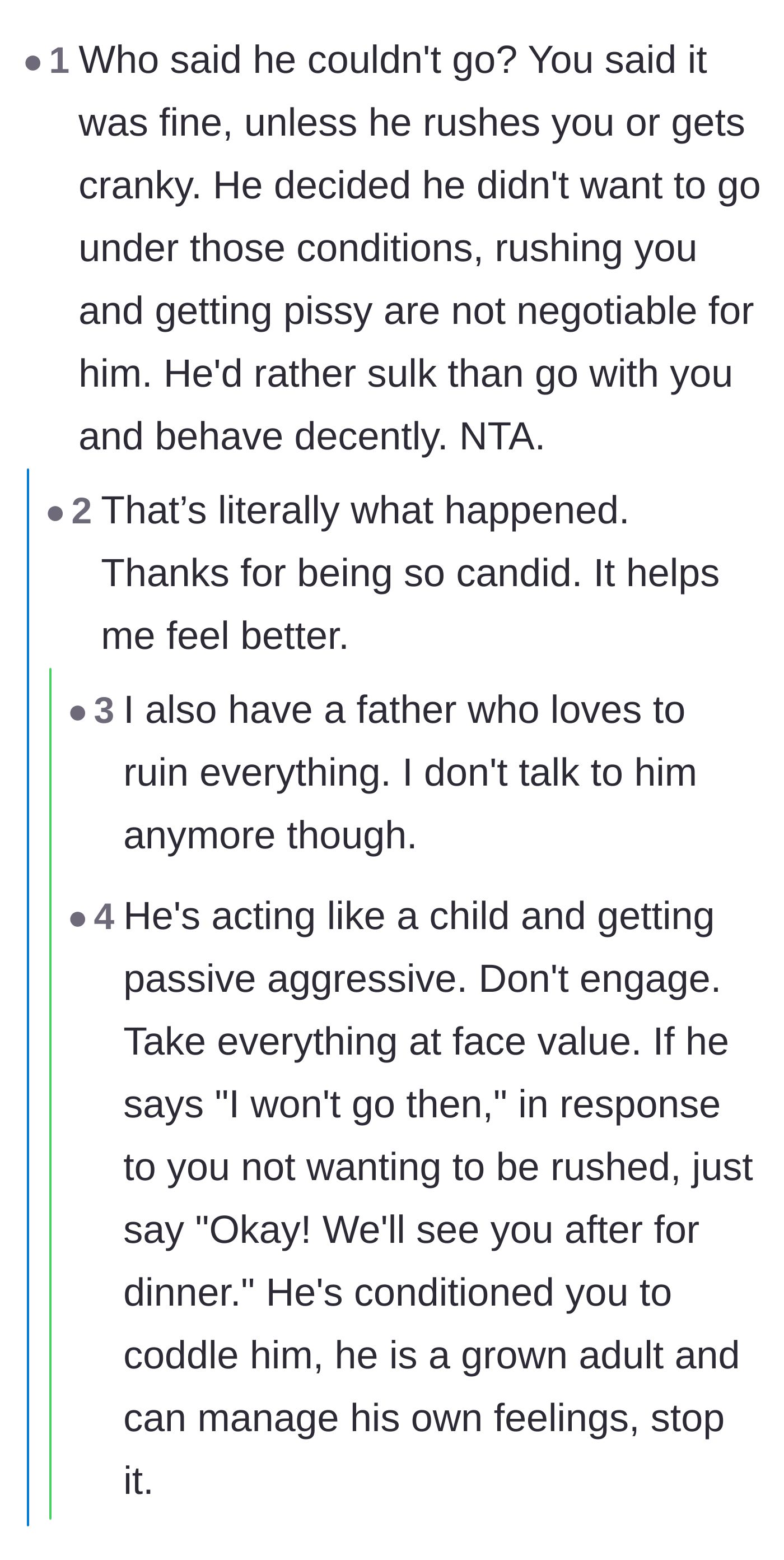 Comment thread 2 - A thread pointing out that the father chose not to go because he couldn't guarantee he wouldn't rush everyone.