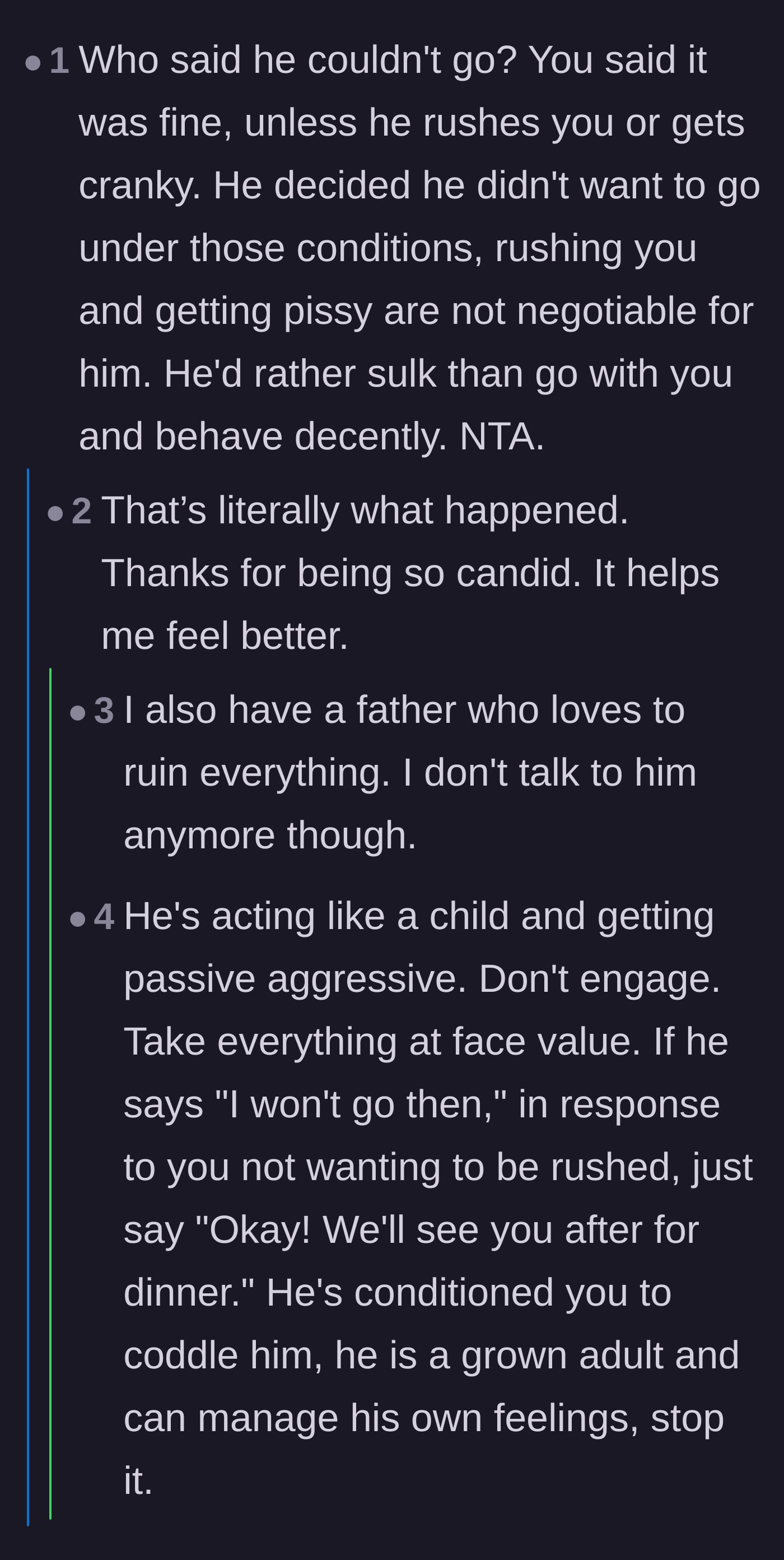 Comment thread 2 - A thread pointing out that the father chose not to go because he couldn't guarantee he wouldn't rush everyone.