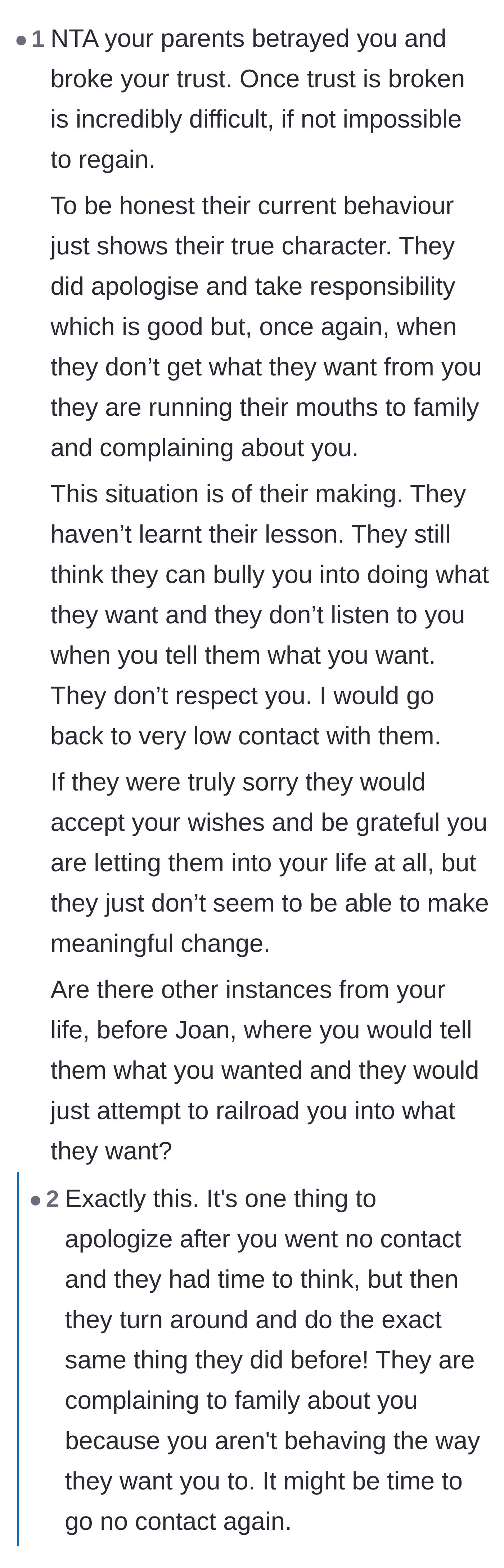 Comment thread 1 - Readers discuss how the parents' recent complaints to the extended family prove their apology was manipulative.