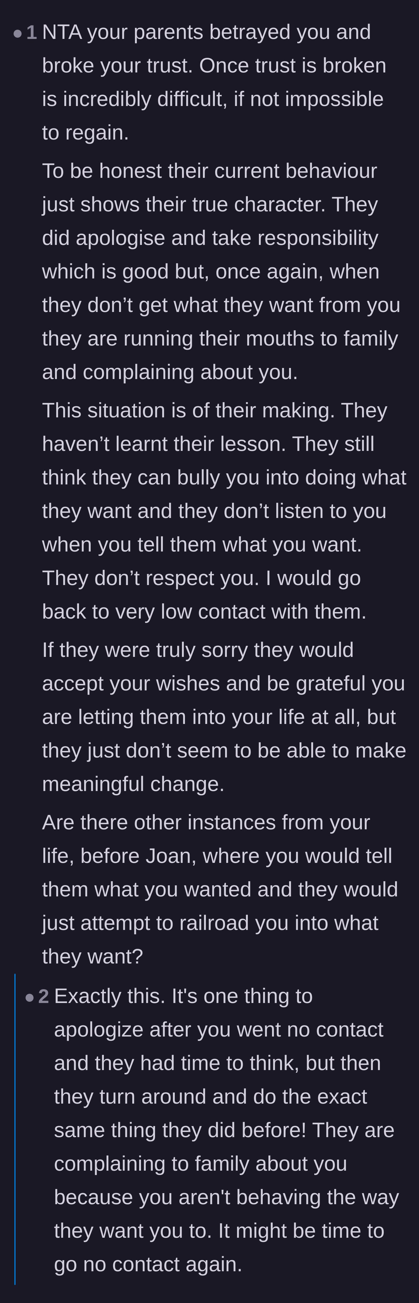 Comment thread 1 - Readers discuss how the parents' recent complaints to the extended family prove their apology was manipulative.