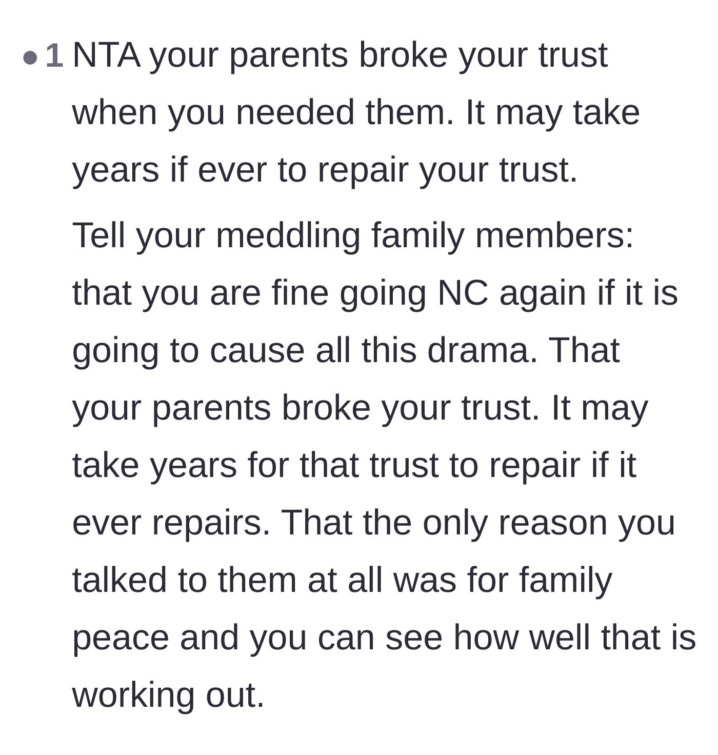 Comment thread 2 - Advice on setting firm boundaries with meddling extended family members and reminding them that no contact is still an option.