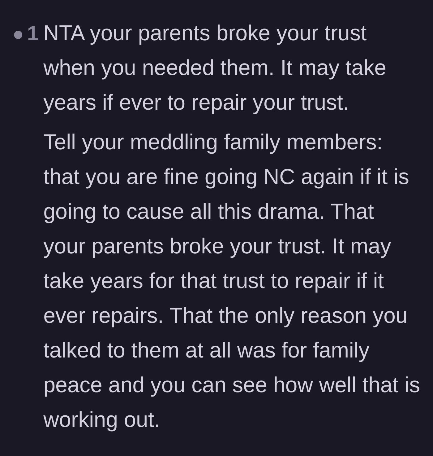 Comment thread 2 - Advice on setting firm boundaries with meddling extended family members and reminding them that no contact is still an option.