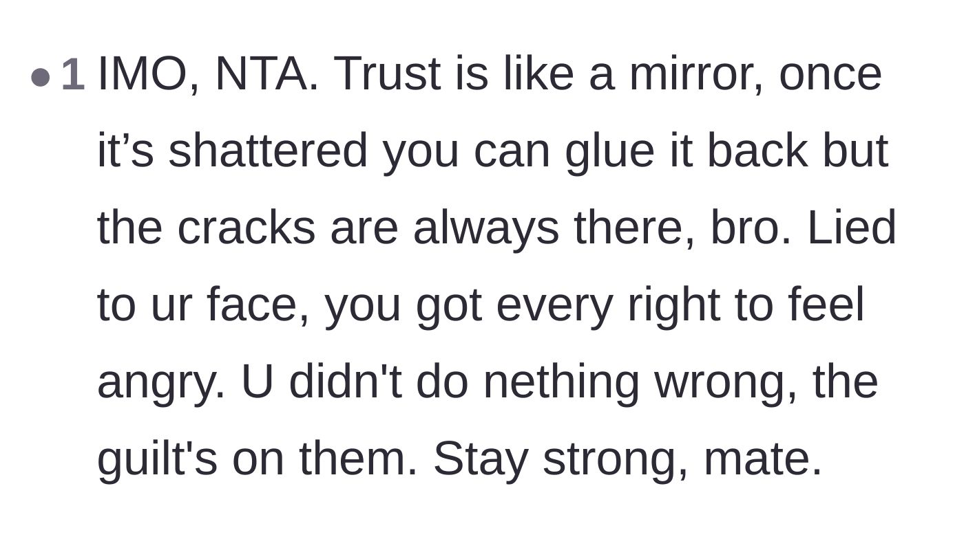 Comment thread 3 - A commenter uses a shattered mirror metaphor to explain why broken trust is impossible to perfectly repair.
