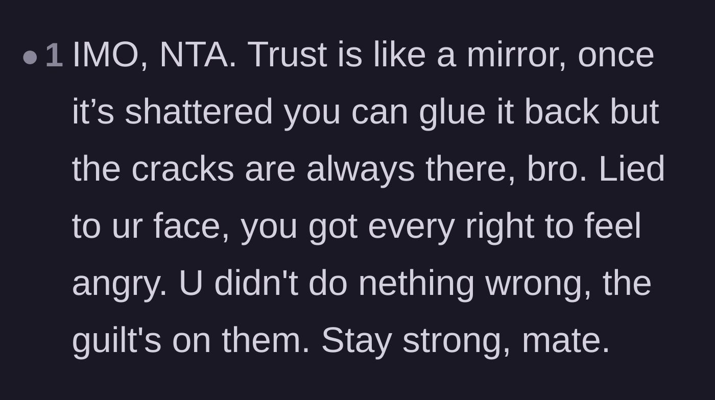 Comment thread 3 - A commenter uses a shattered mirror metaphor to explain why broken trust is impossible to perfectly repair.