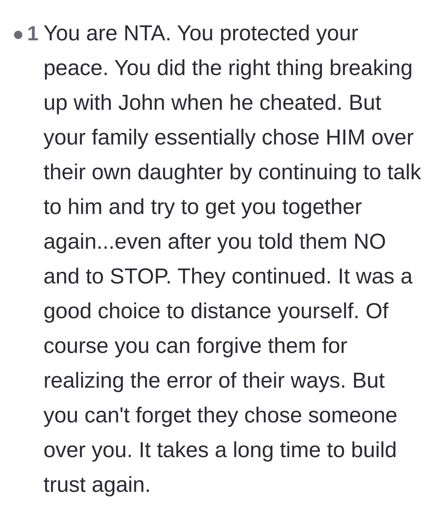 Comment thread 4 - Readers emphasize the painful reality that the parents essentially chose the cheating ex-boyfriend over their own daughter.