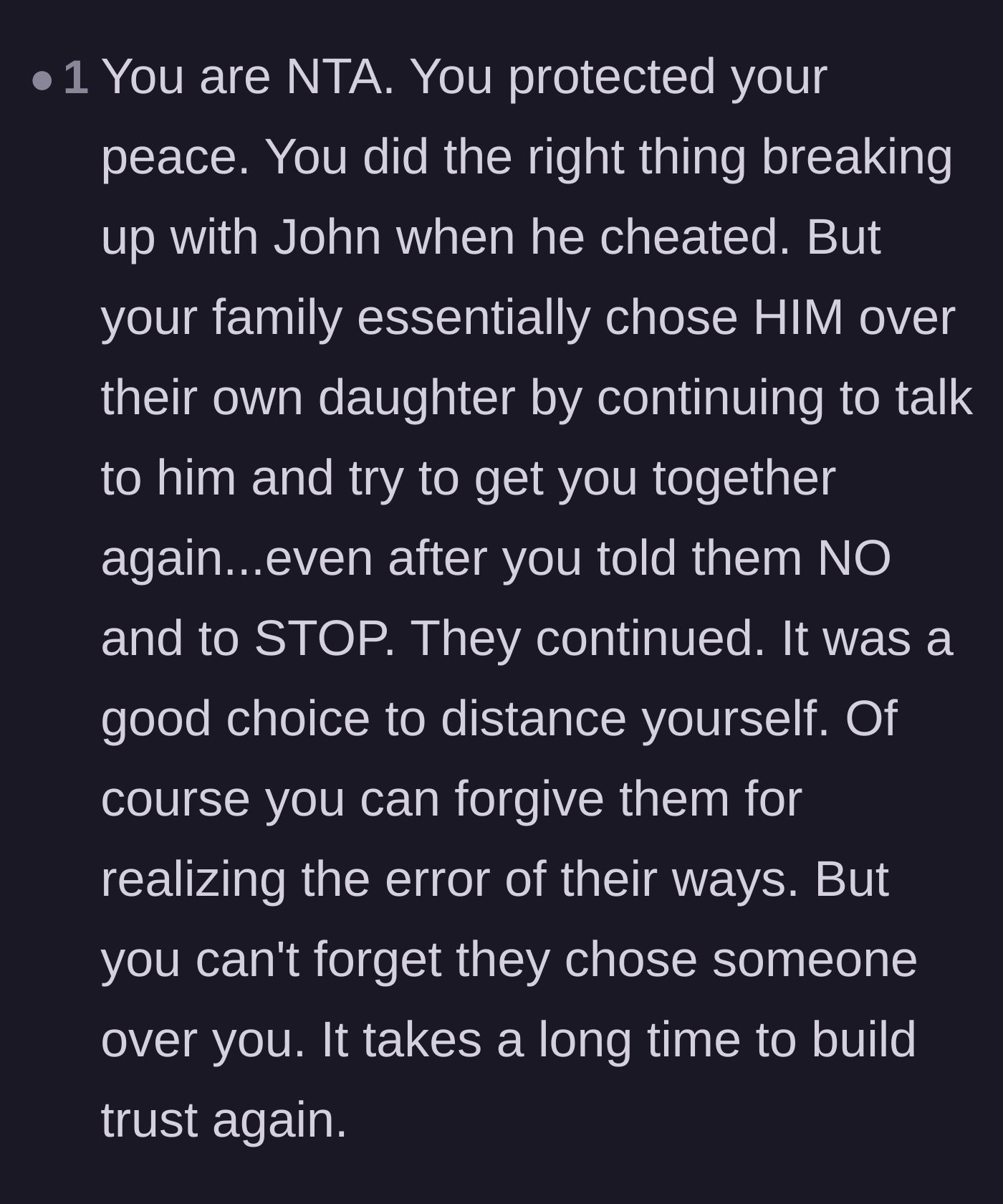 Comment thread 4 - Readers emphasize the painful reality that the parents essentially chose the cheating ex-boyfriend over their own daughter.