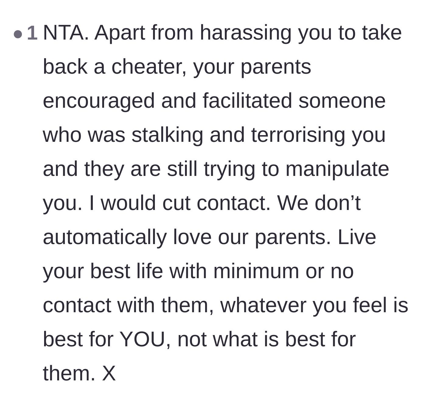Comment thread 5 - A discussion on how the parents facilitated a stalker and why walking away is entirely justified.
