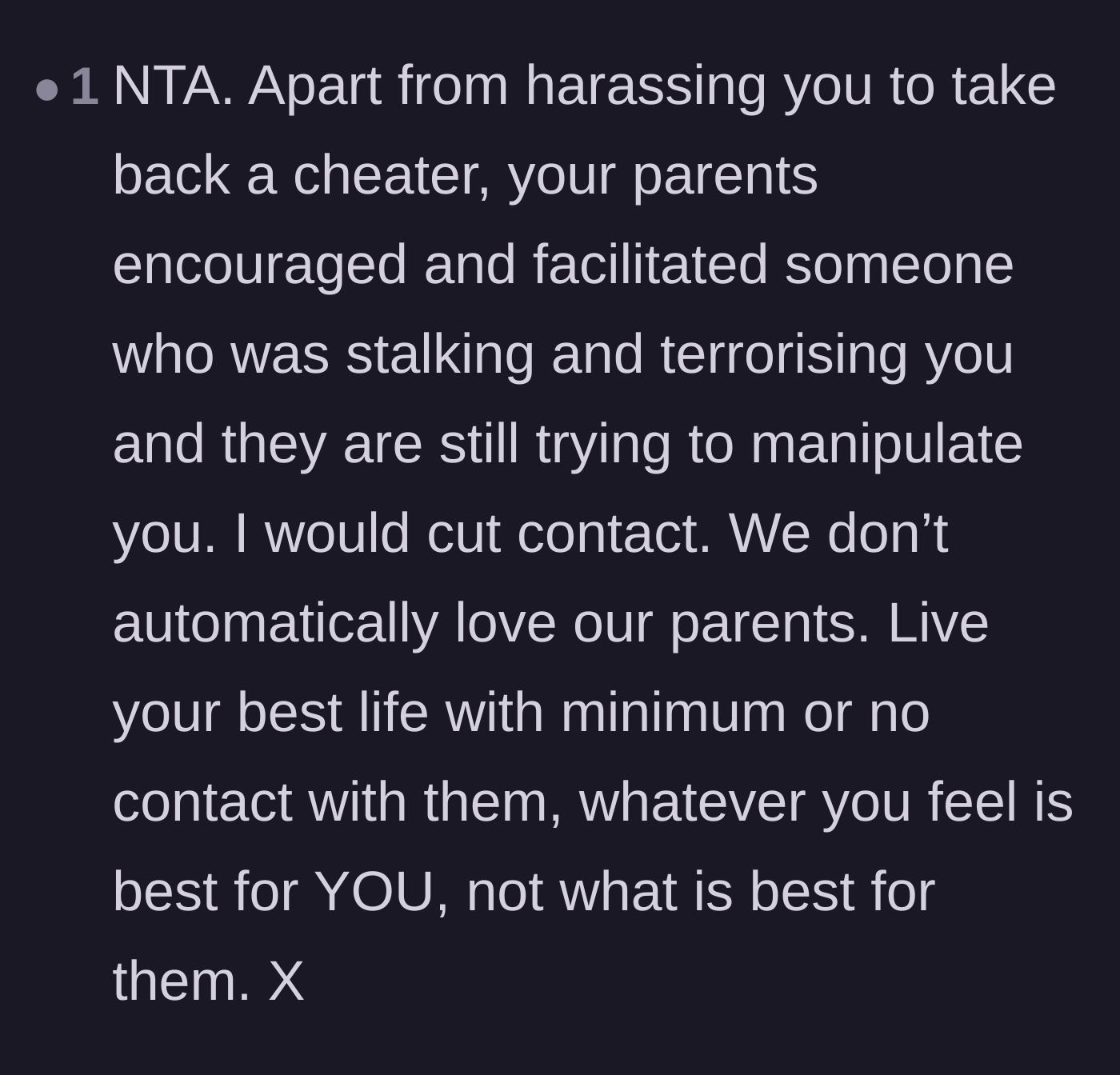 Comment thread 5 - A discussion on how the parents facilitated a stalker and why walking away is entirely justified.