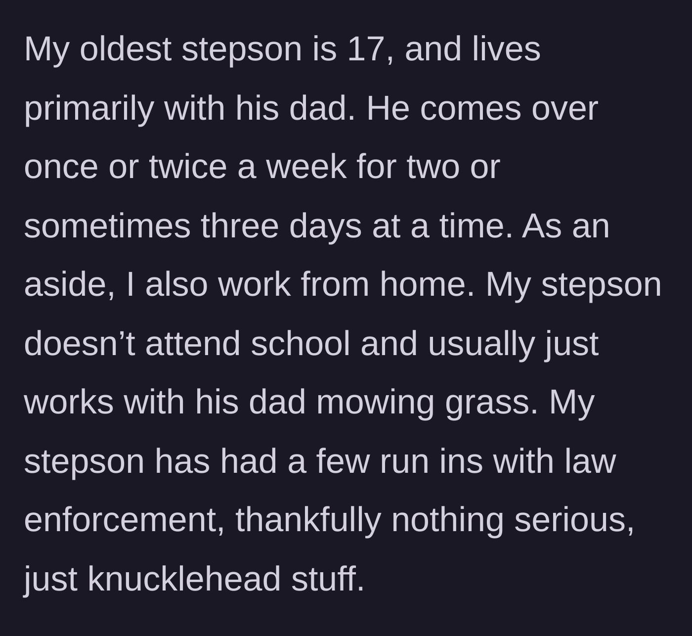 Story part 1 - Background on the seventeen-year-old stepson's living situation and history of minor legal troubles.