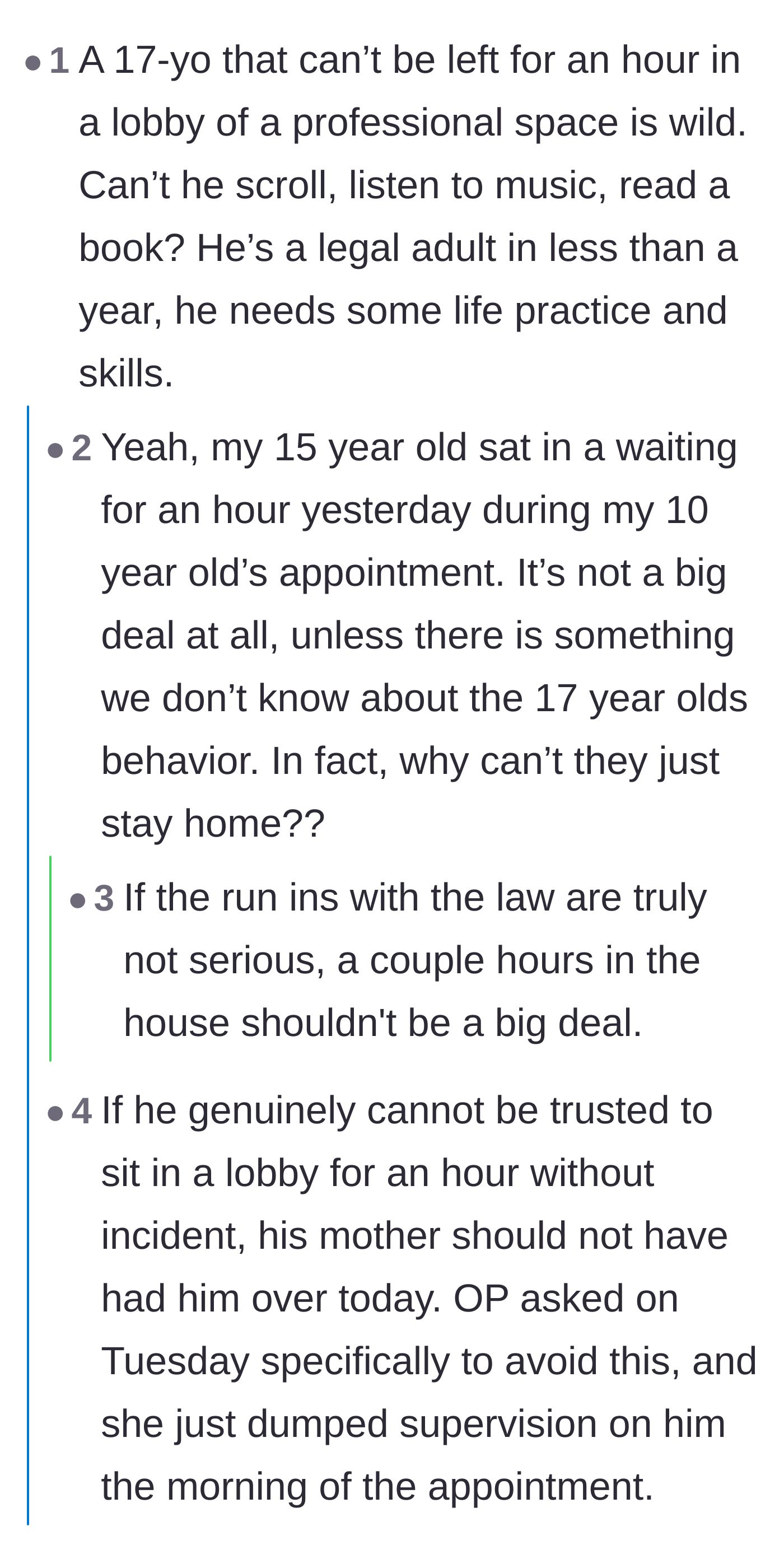 Comment thread 4 - Readers criticizing the wife for dumping a high-supervision teenager on her husband at the last minute.