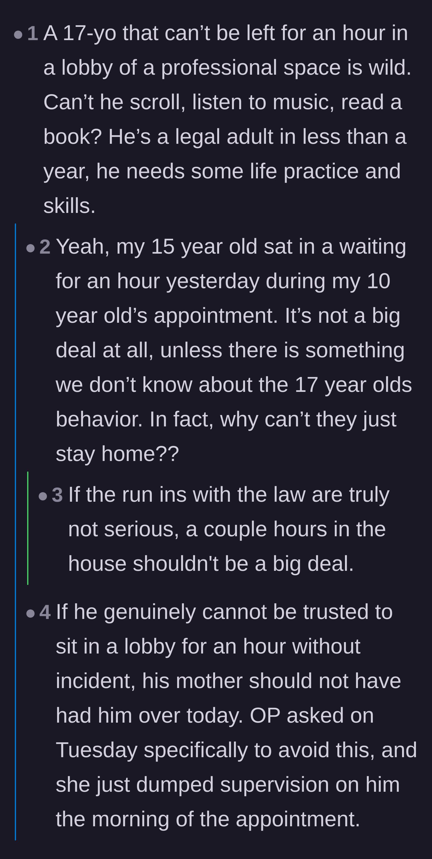Comment thread 4 - Readers criticizing the wife for dumping a high-supervision teenager on her husband at the last minute.
