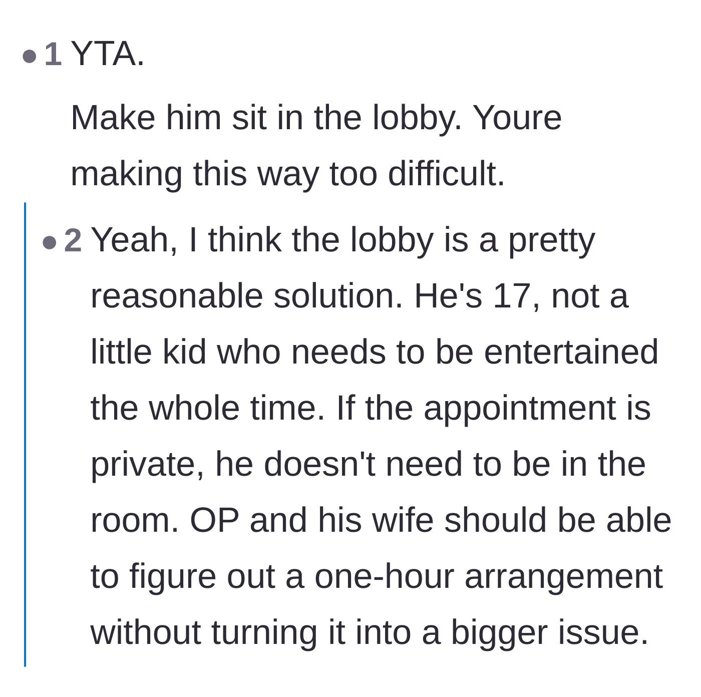 Comment thread 5 - A blunt comment telling the stepfather he is making the situation unnecessarily difficult and should just use the lobby.