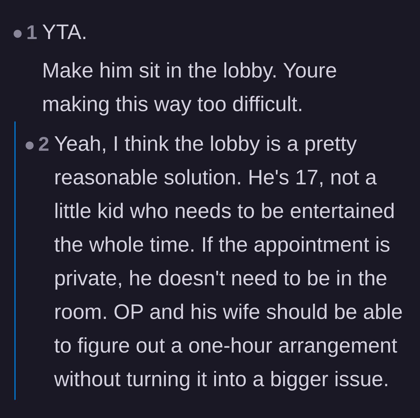 Comment thread 5 - A blunt comment telling the stepfather he is making the situation unnecessarily difficult and should just use the lobby.