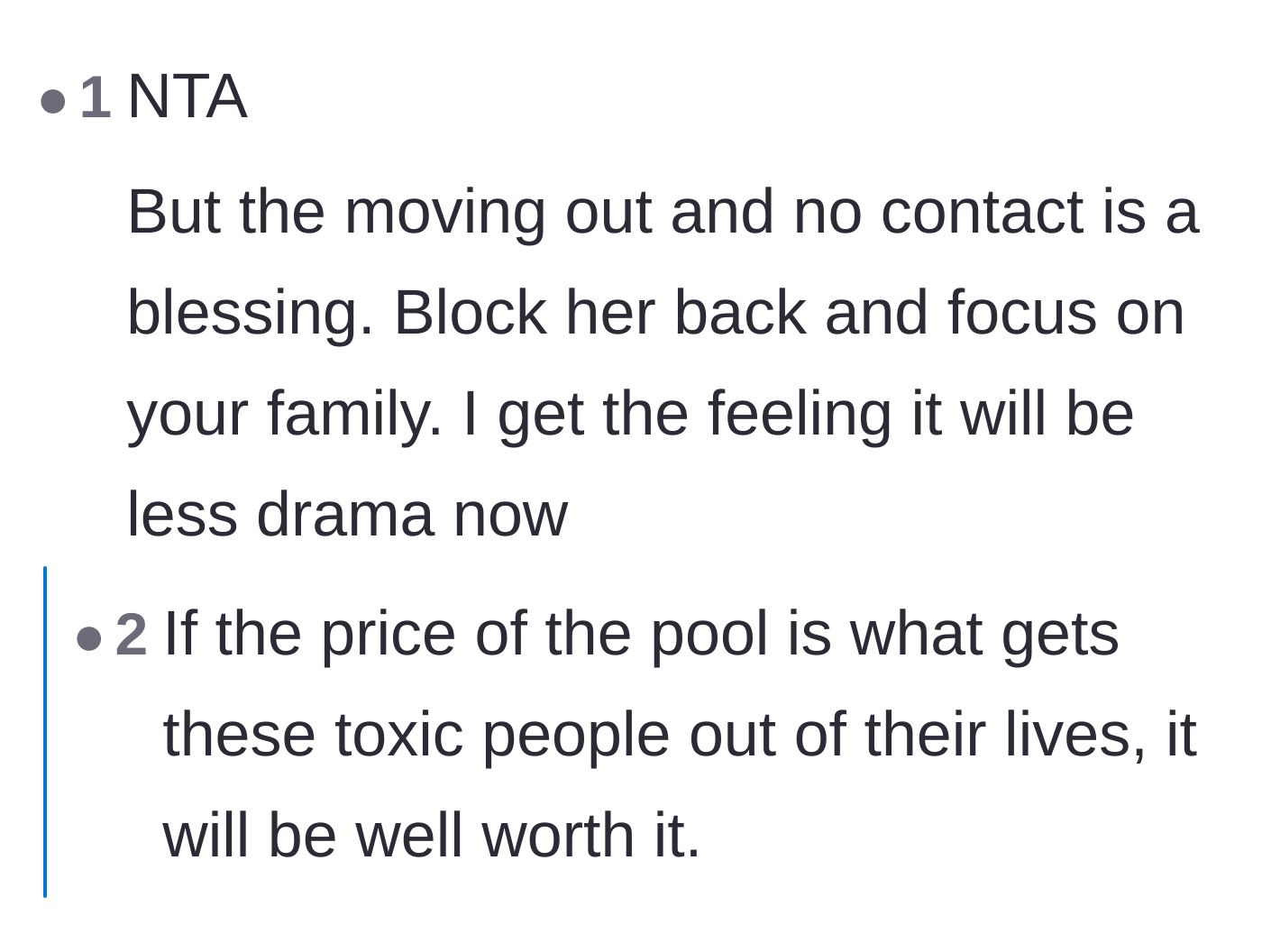 Comment thread 2 - Commenters agree that the cost of a ruined pool is a small price to pay for getting toxic family out of the house.