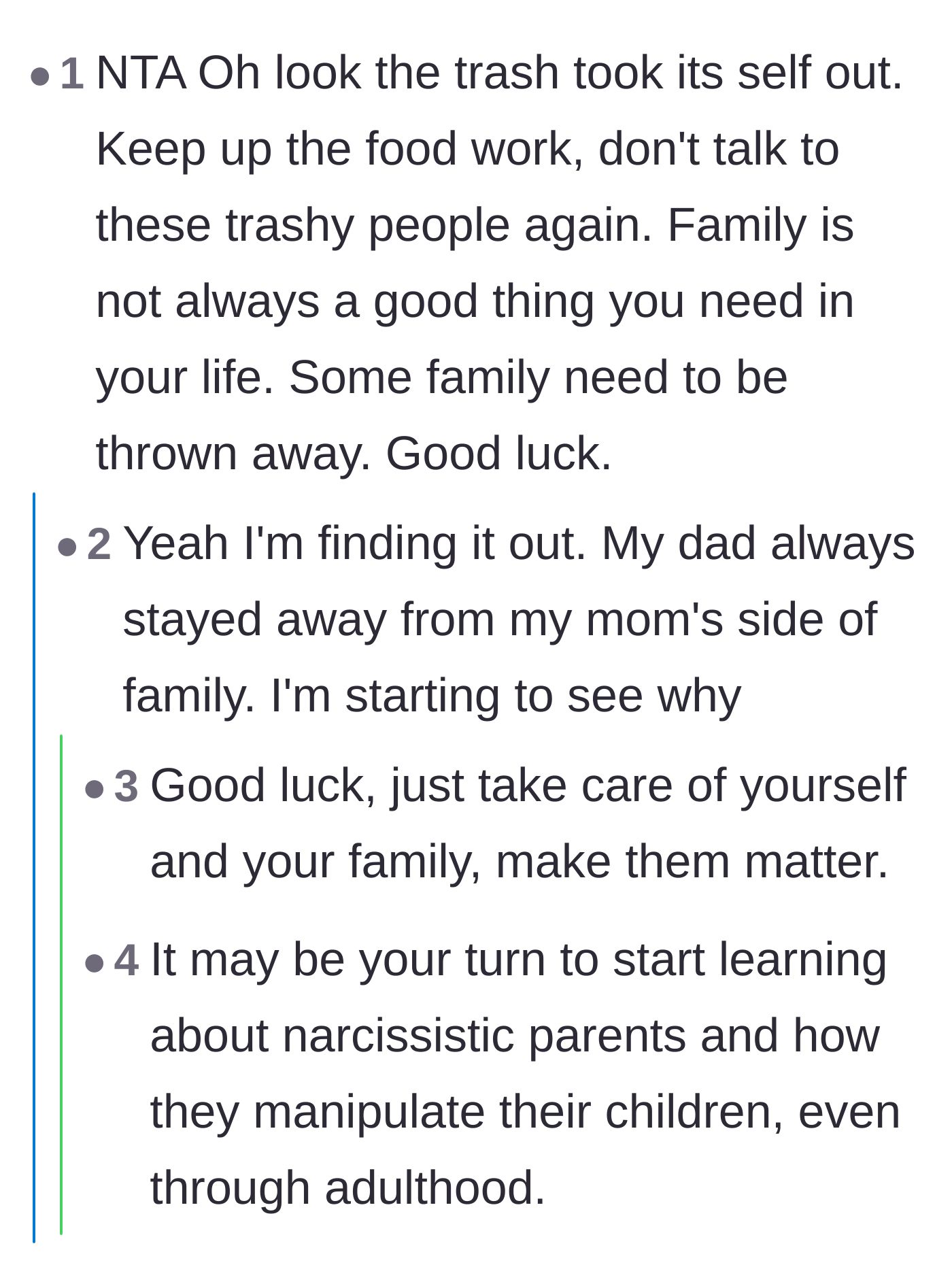 Comment thread 4 - Discussing how the main character's father always avoided the mother's toxic side of the family.