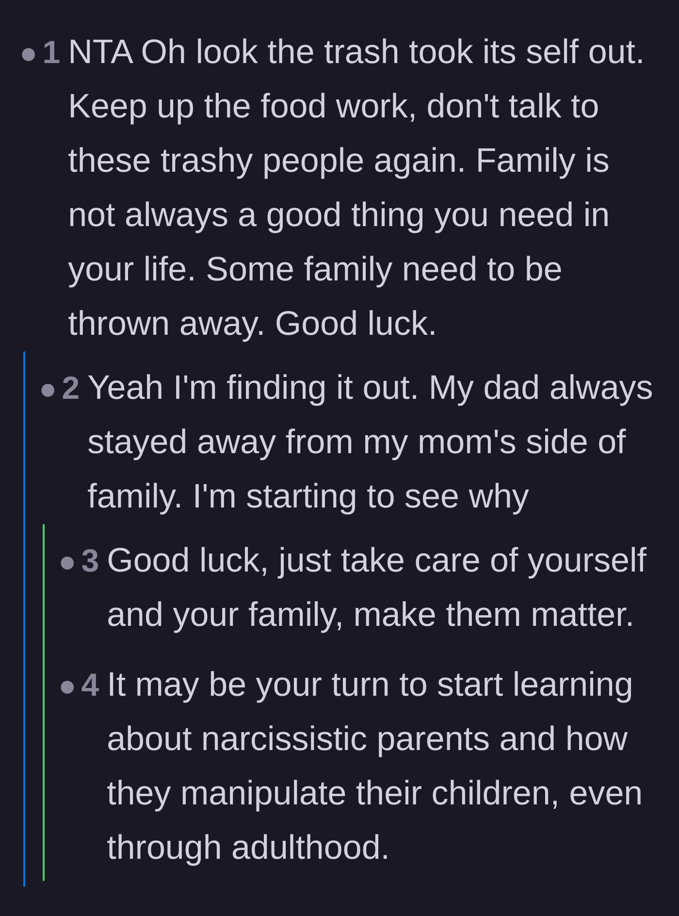 Comment thread 4 - Discussing how the main character's father always avoided the mother's toxic side of the family.