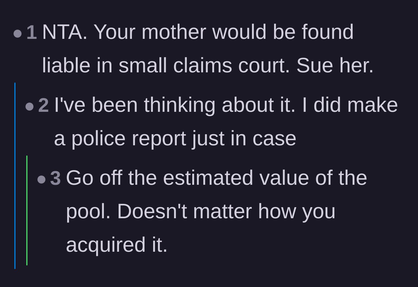 Comment thread 5 - Advice to sue the mother in small claims court based on the estimated value of the pool.