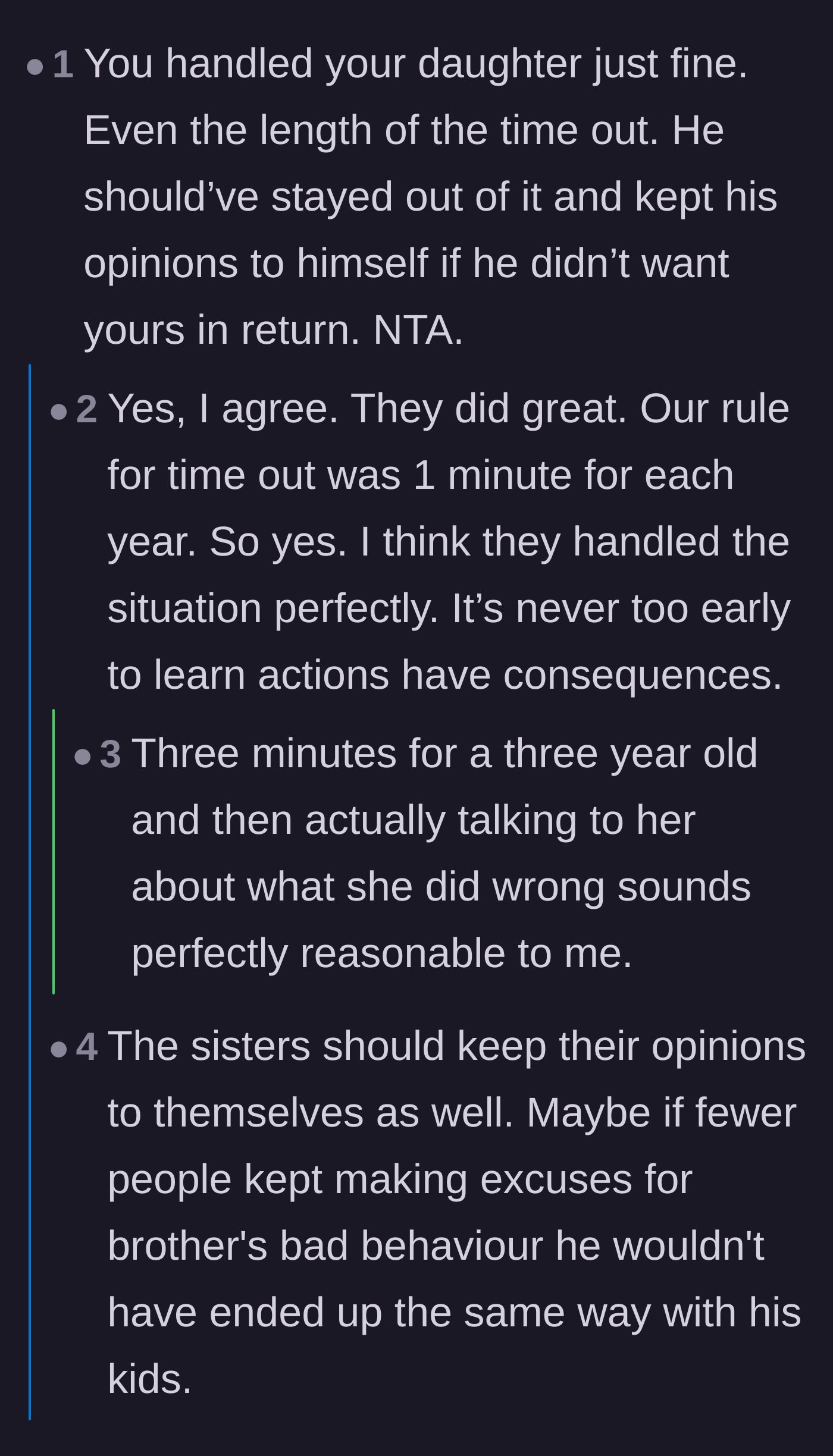 Comment thread 1 - Readers agree that three-minute time-outs are perfectly appropriate for a three-year-old.
