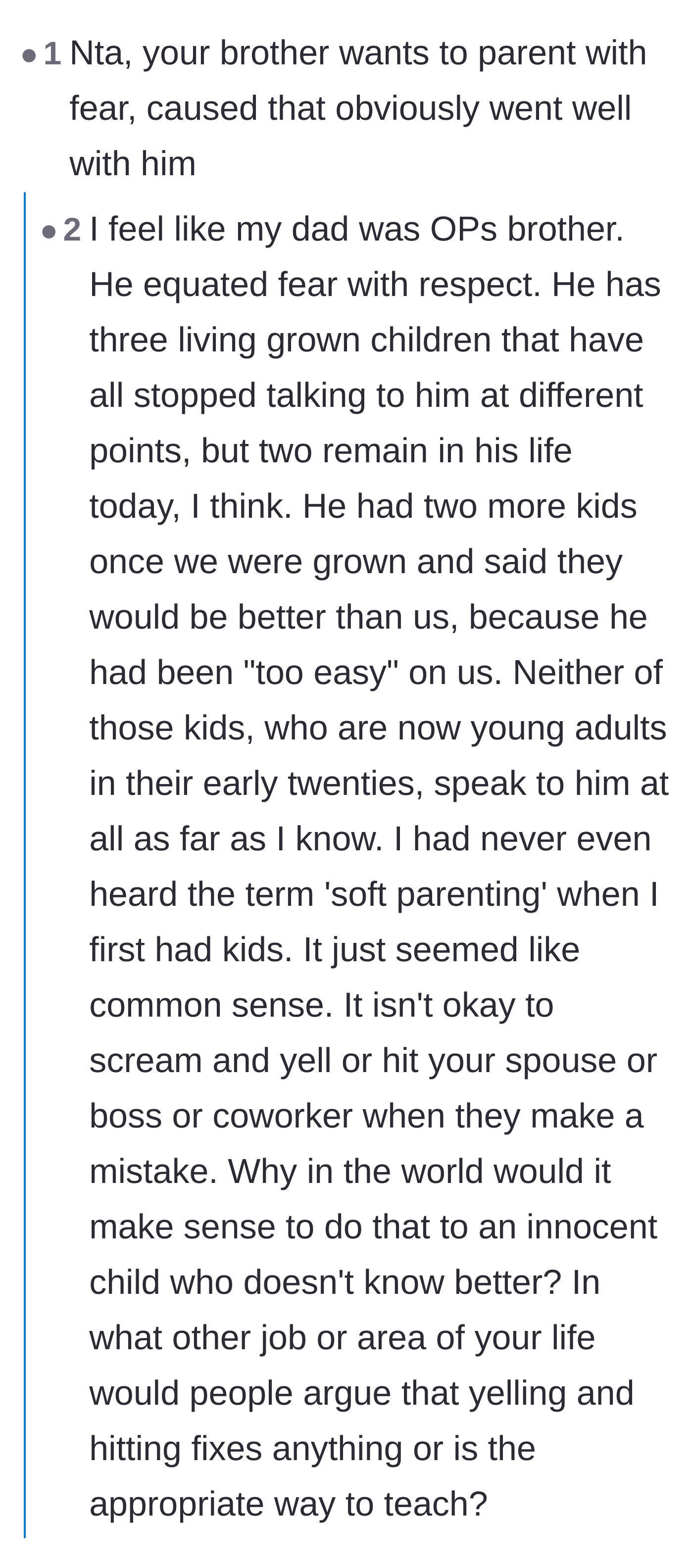 Comment thread 3 - Users share deep, personal stories about the long-term damage caused by parents who use fear and yelling.