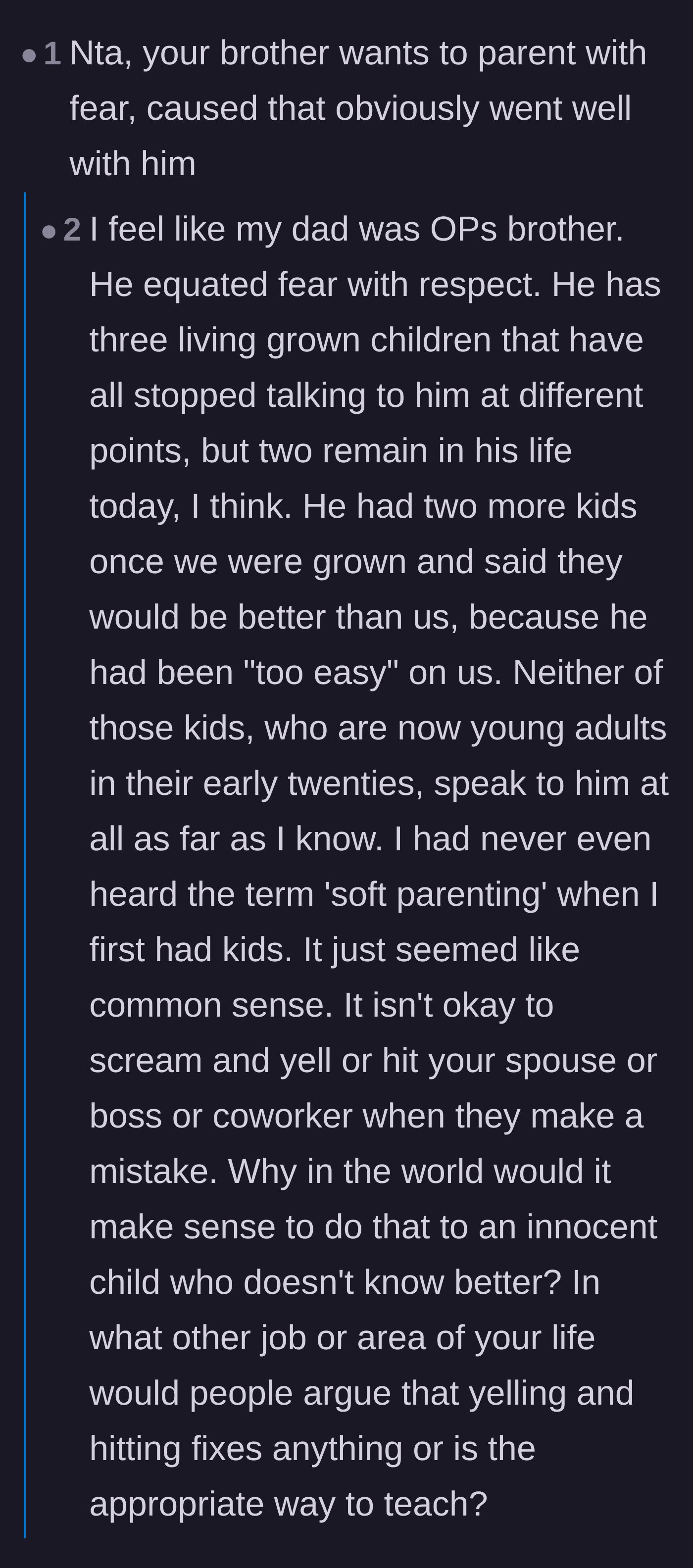 Comment thread 3 - Users share deep, personal stories about the long-term damage caused by parents who use fear and yelling.