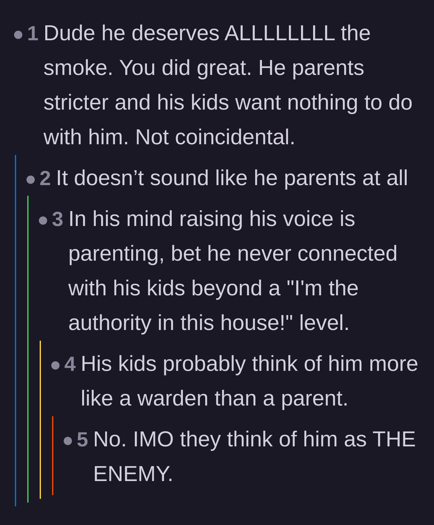 Comment thread 5 - A discussion on how the older brother's lack of actual parenting makes him look more like a warden than a father.