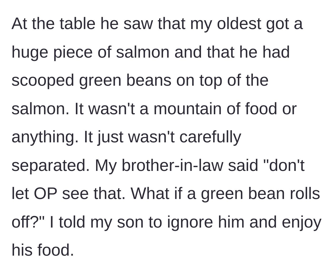 Story part 3 - The brother-in-law mocks the child's plate, and the father tells his son to ignore the comment.