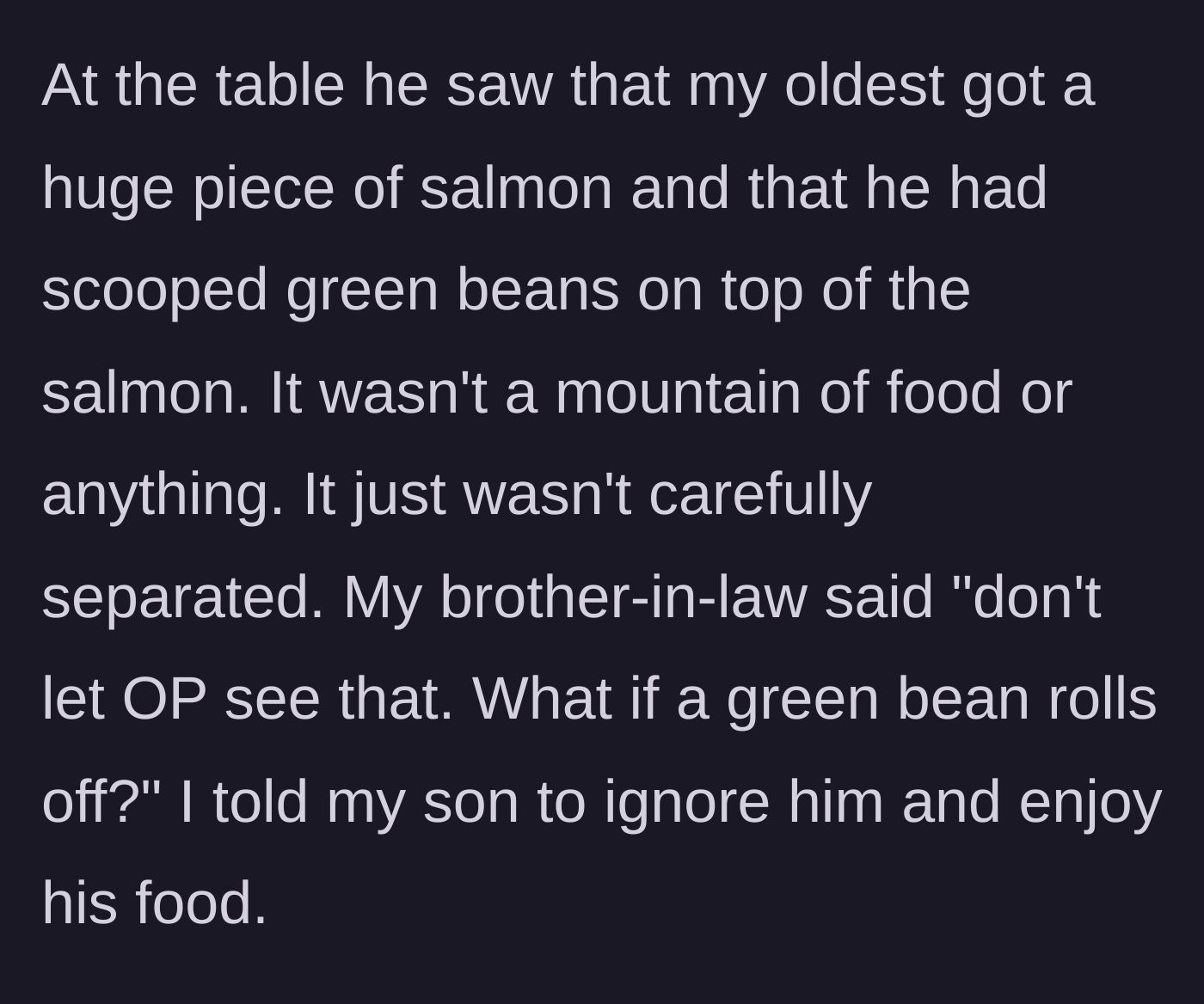 Story part 3 - The brother-in-law mocks the child's plate, and the father tells his son to ignore the comment.