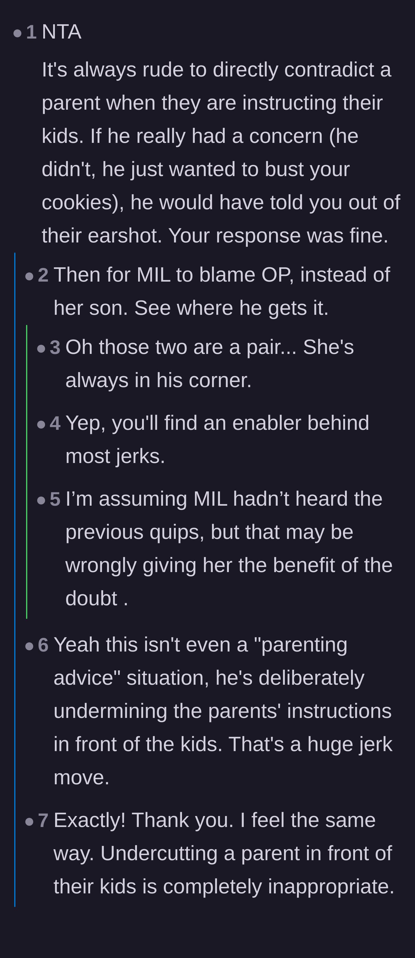 Comment thread 1 - Discussing how the brother-in-law deliberately undermined the father and how the mother-in-law enabled it.