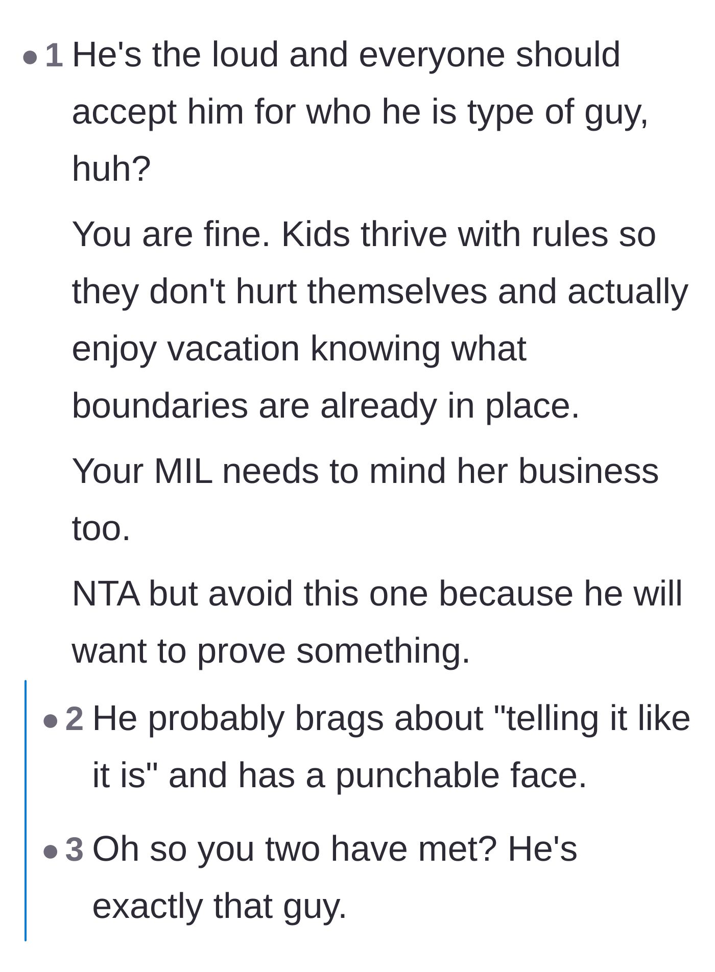 Comment thread 3 - Breaking down the brother-in-law's exhausting 'no filter' personality and explaining why children actually crave enforced boundaries.