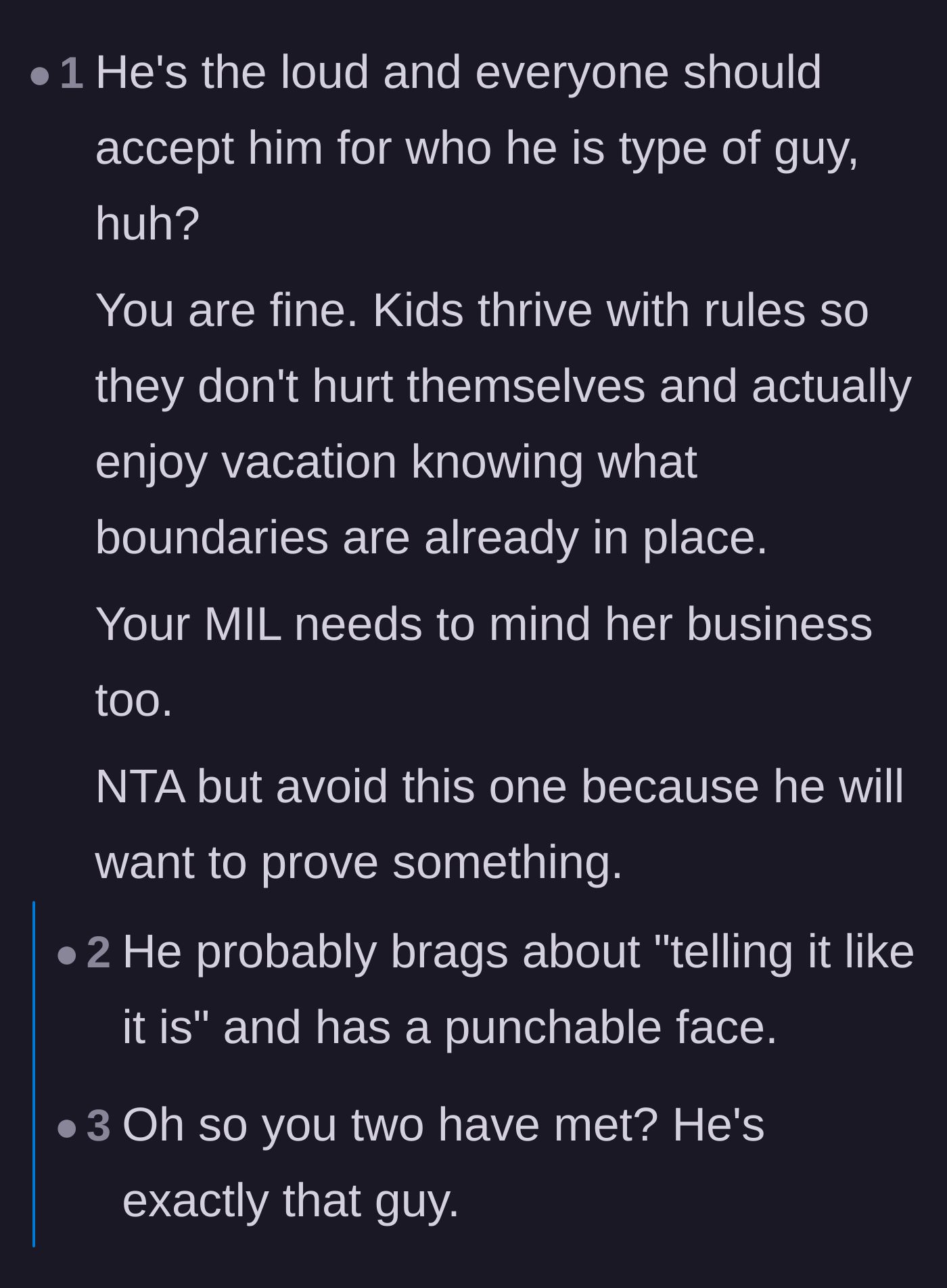 Comment thread 3 - Breaking down the brother-in-law's exhausting 'no filter' personality and explaining why children actually crave enforced boundaries.