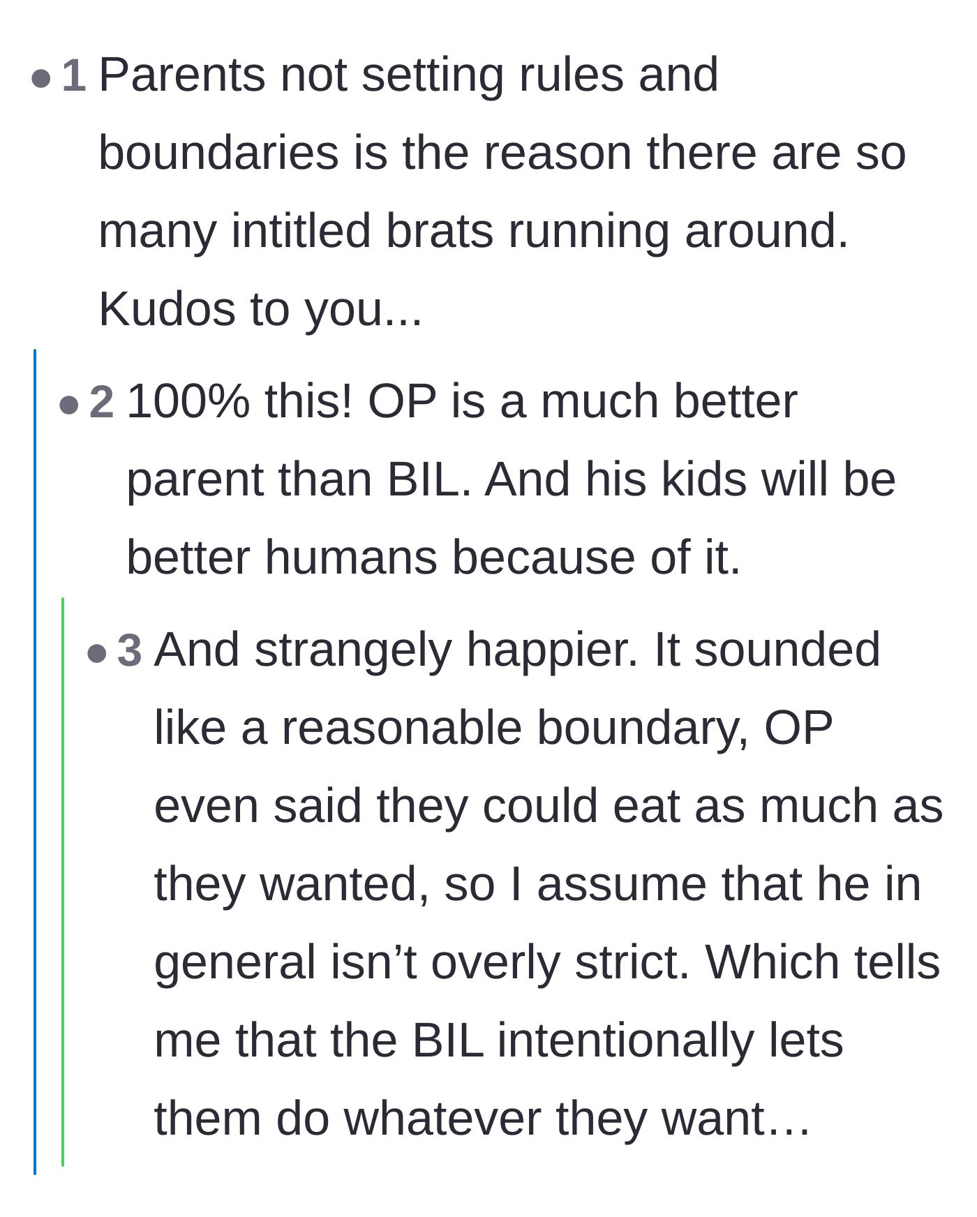 Comment thread 4 - Praising the father for setting reasonable boundaries that prevent children from becoming entitled brats.