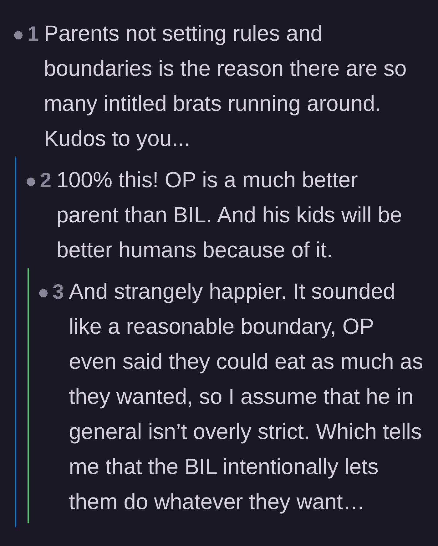 Comment thread 4 - Praising the father for setting reasonable boundaries that prevent children from becoming entitled brats.
