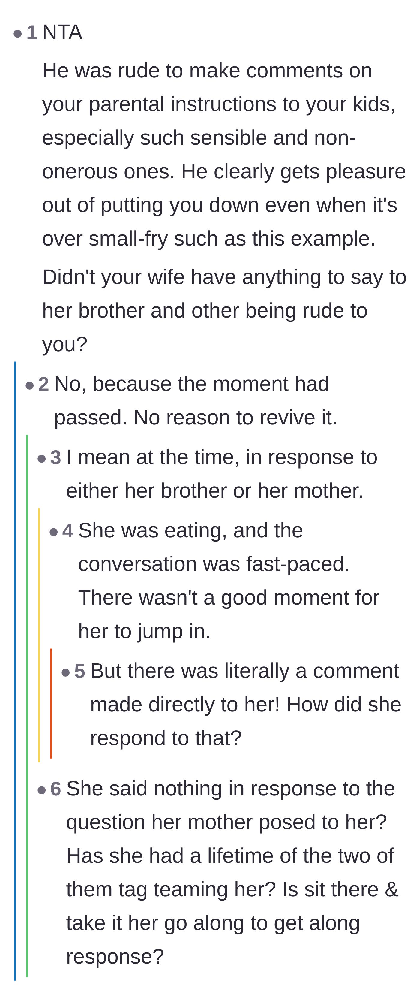 Comment thread 6 - Questioning why the wife didn't step in to defend her husband against her mother and brother.