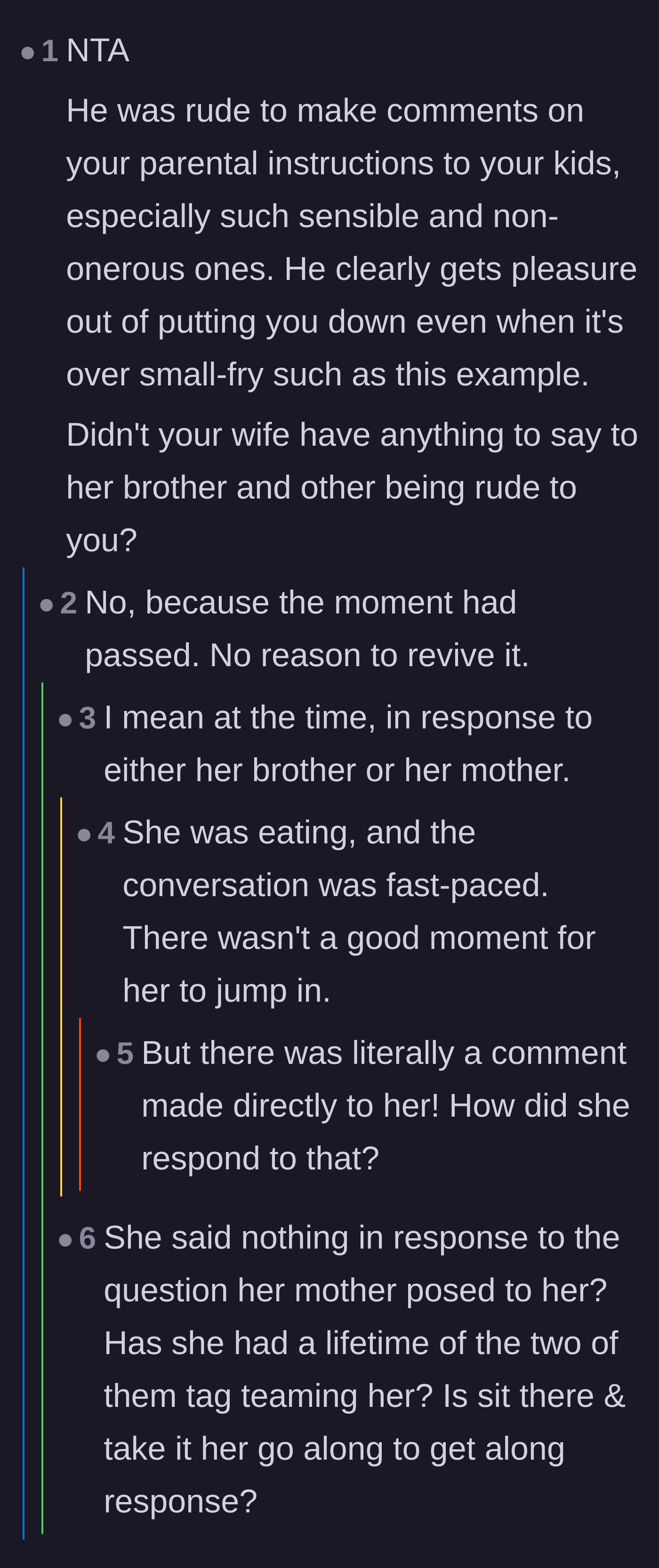 Comment thread 6 - Questioning why the wife didn't step in to defend her husband against her mother and brother.