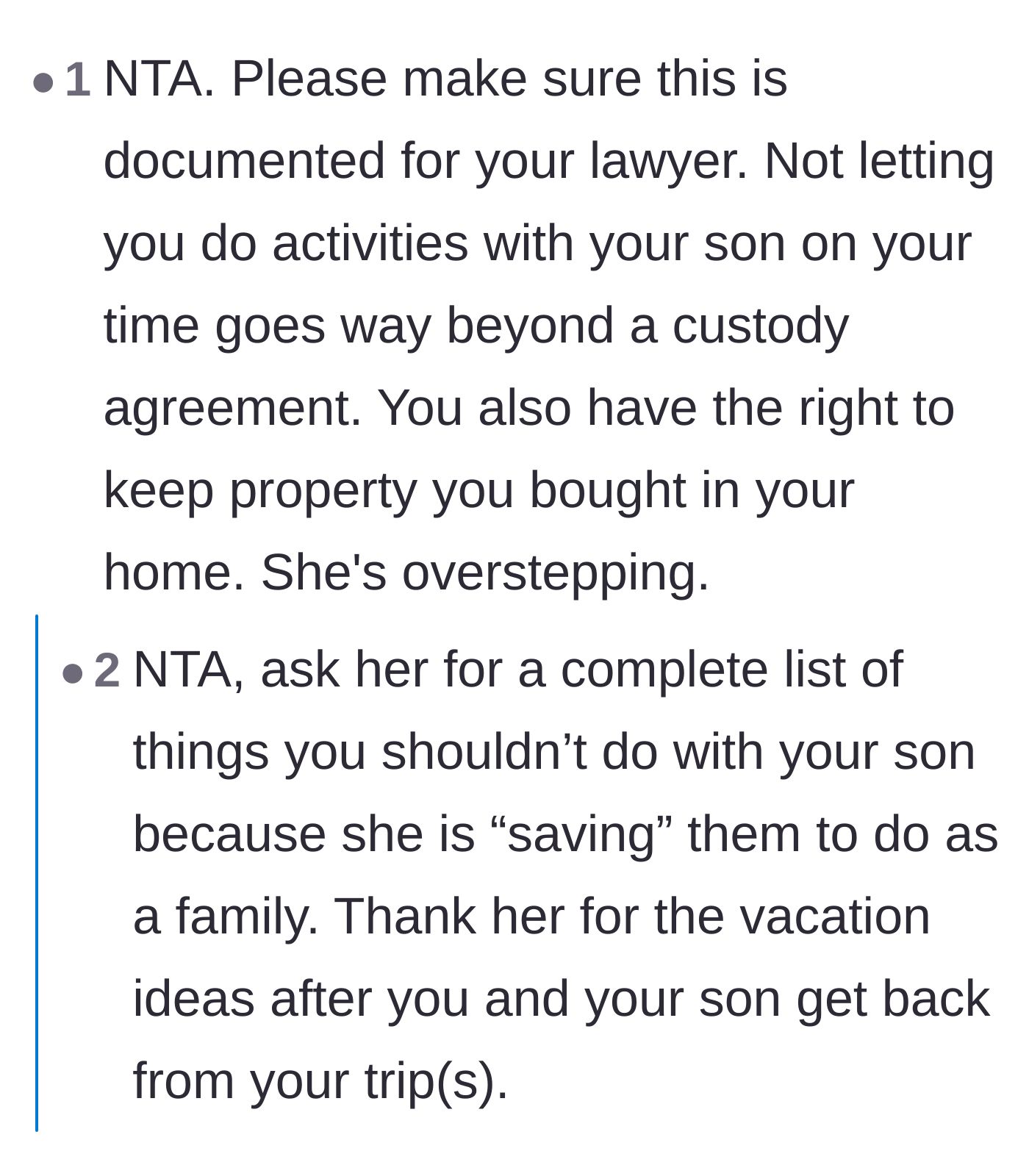 Comment thread 1 - Advice on documenting the ex-wife's overreach for legal purposes and sharing stories of similar empty promises.
