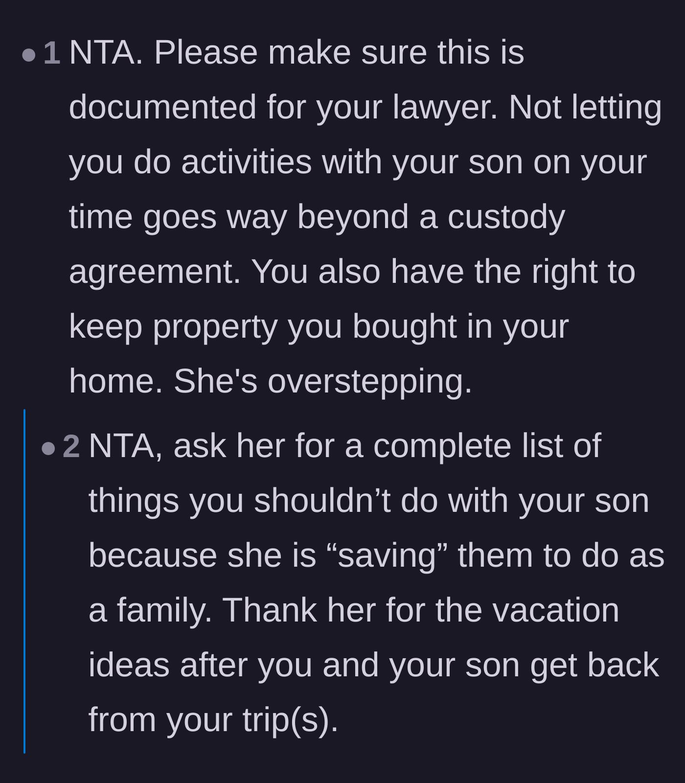 Comment thread 1 - Advice on documenting the ex-wife's overreach for legal purposes and sharing stories of similar empty promises.