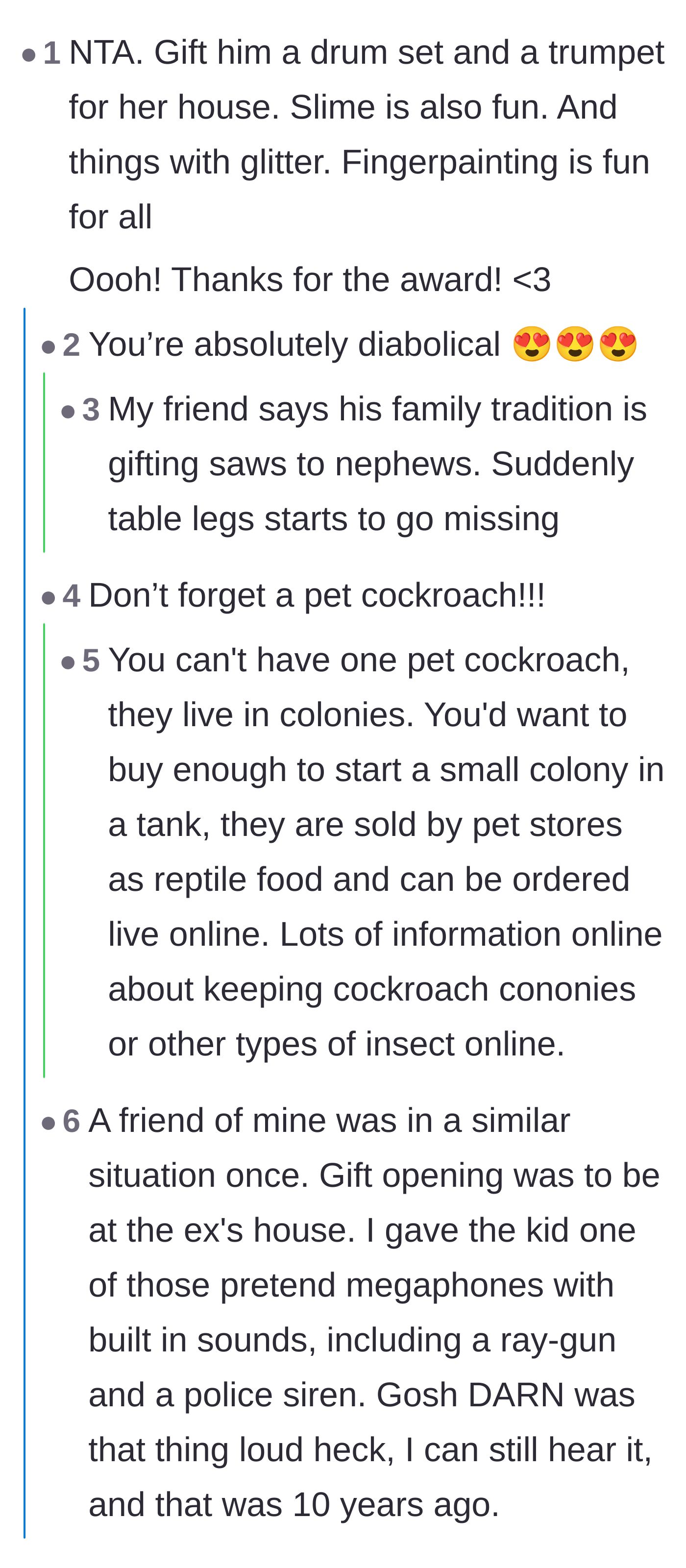 Comment thread 3 - Humorous suggestions for loud and messy gifts to send to the ex-wife's house instead.