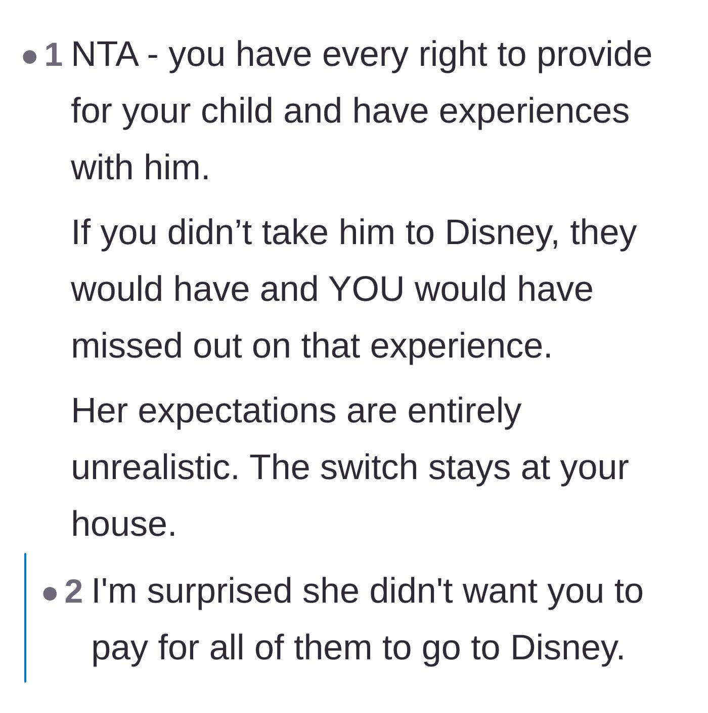 Comment thread 4 - Discussion on why the father shouldn't sacrifice his own parenting milestones to accommodate the ex's secret plans.