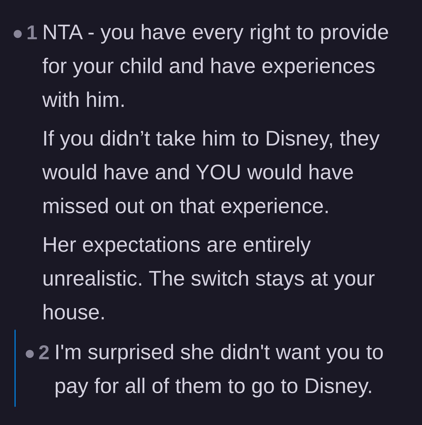 Comment thread 4 - Discussion on why the father shouldn't sacrifice his own parenting milestones to accommodate the ex's secret plans.
