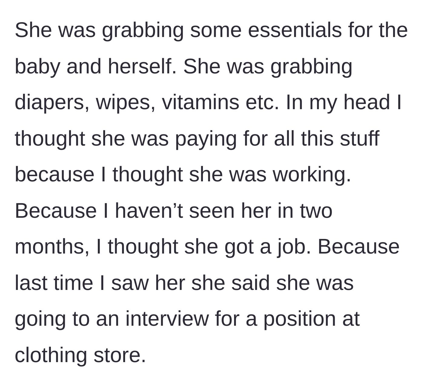 Story part 3 - The friend loading up the cart with expensive baby essentials.