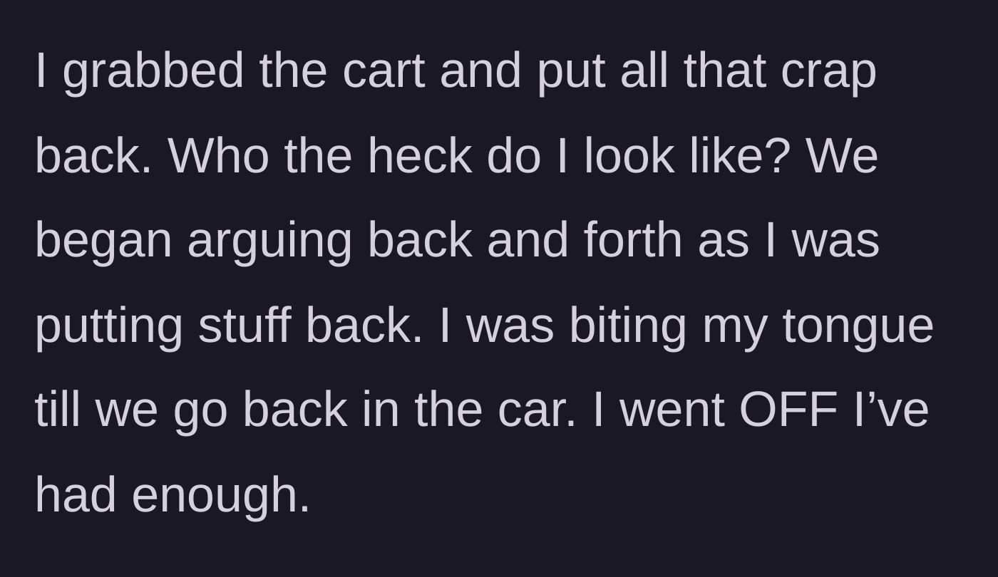 Story part 5 - The author marching back to the aisles to put all the unpaid items away.